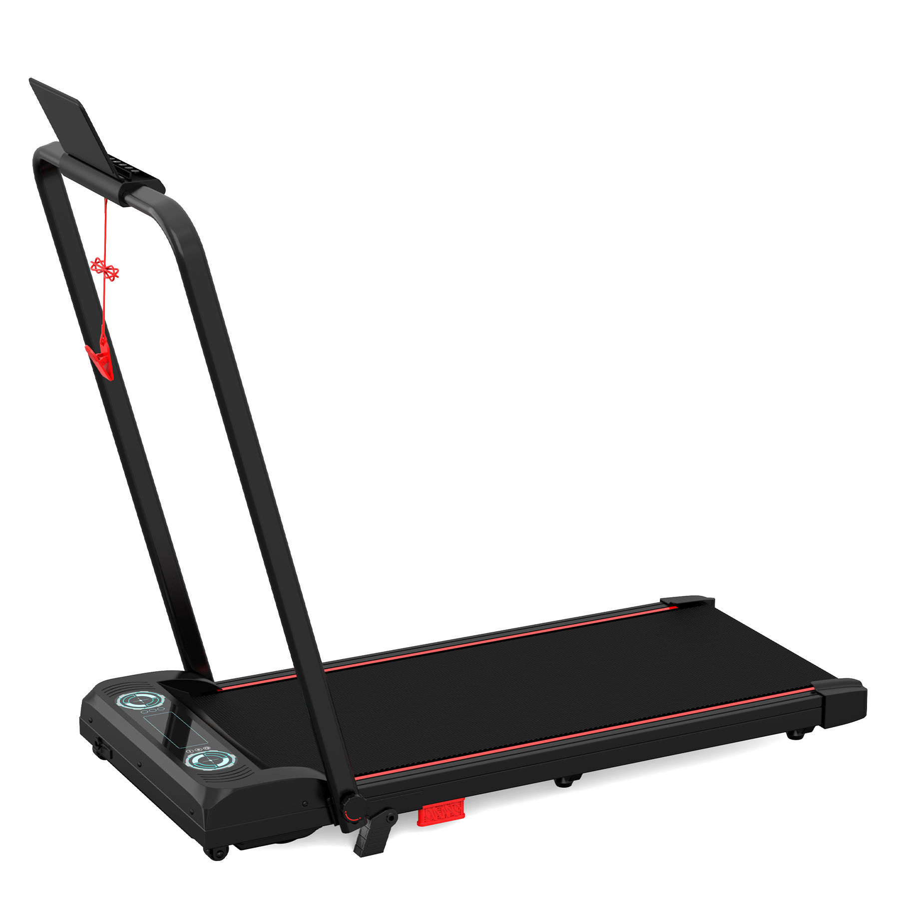 Ein schwarzes Laufband mit roter Linie. Das Laufband hat eine Tablethalterung und Steuertasten.