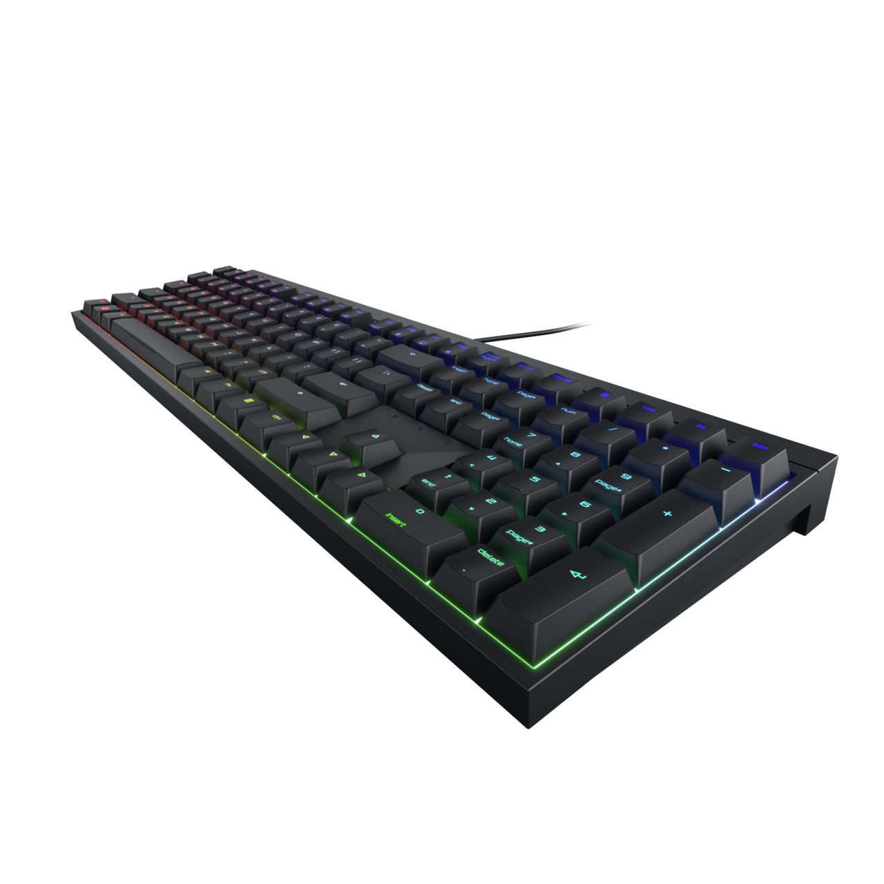 Schwarze Tastatur mit mehrfarbigen Tasten und schwarzem Rahmen auf weißem Hintergrund.