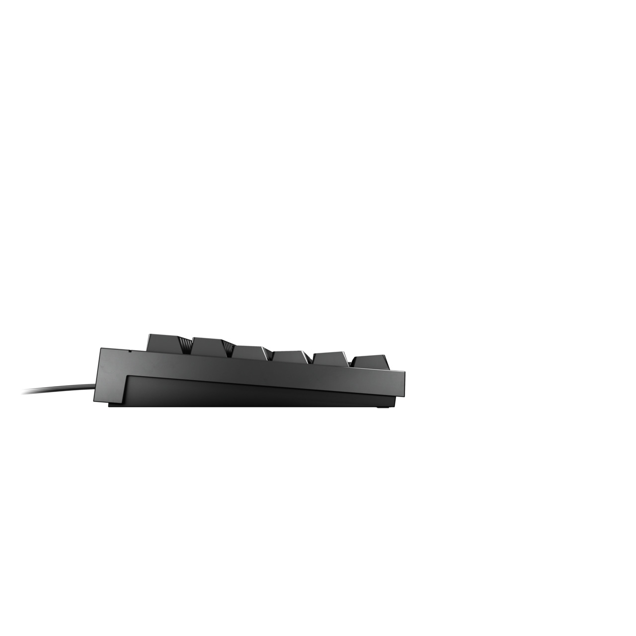Eine schwarze Tastatur von der Seite. Die Tasten sind sichtbar.