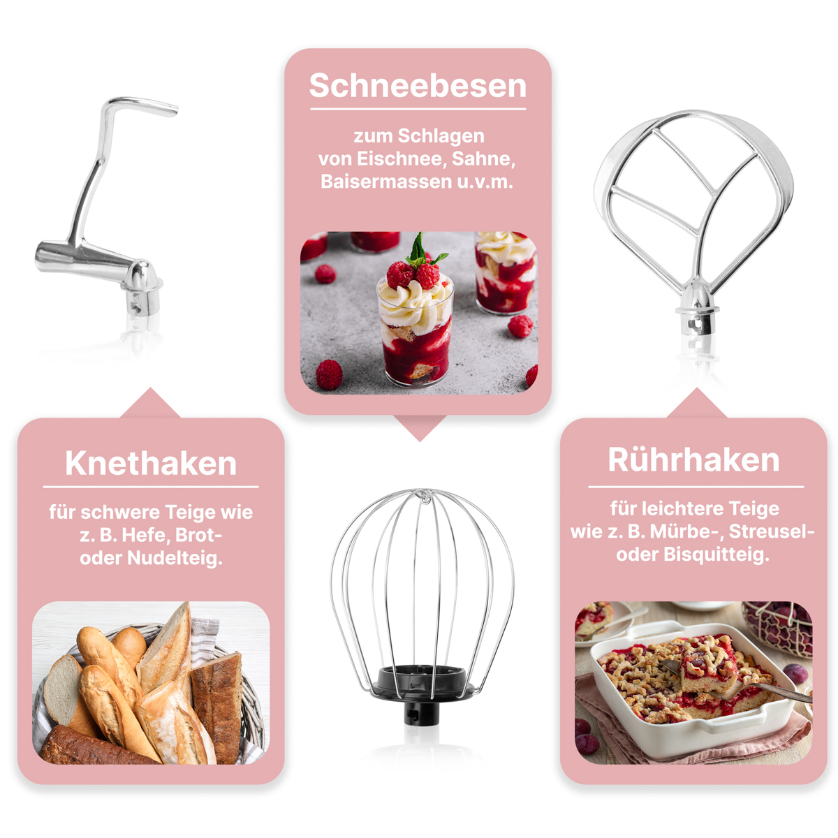 Akcesoria do miksera kuchennego z przykładami jedzenia na różowym tle.
