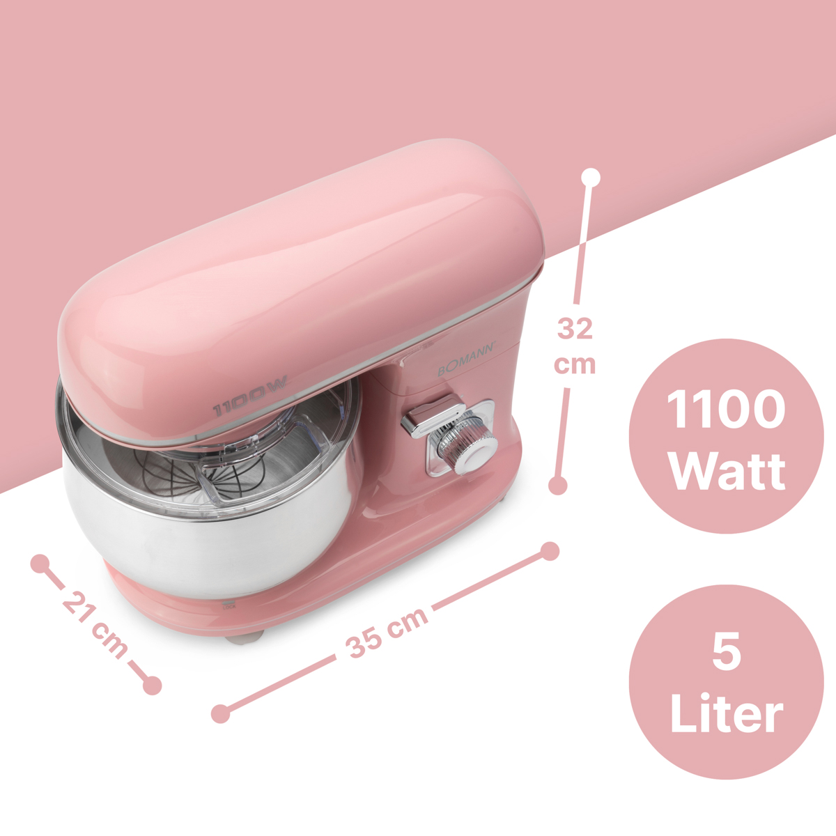 Różowy mikser kuchenny z wymiarami i etykietami tekstowymi: 1100 W, 5 litrów, 21 cm, 35 cm, 32 cm.