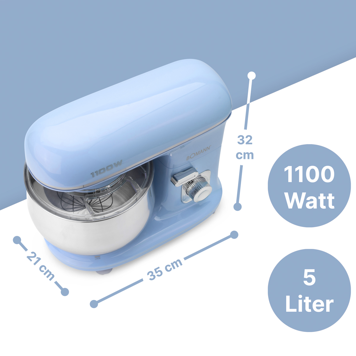 Niebieski mikser planetarny z wymiarami: 32cm, 35cm i 21cm, z 1100W i 5 litrami.