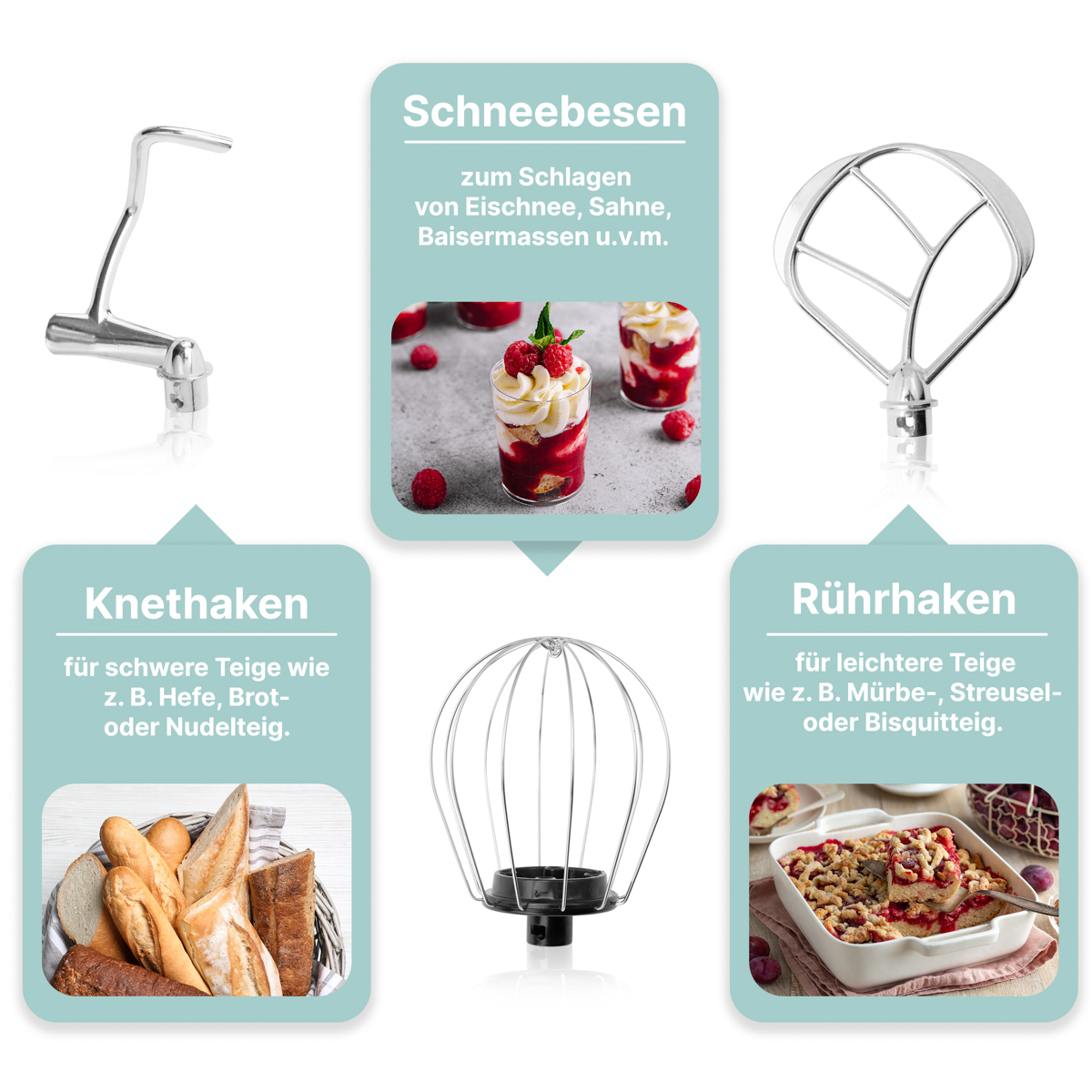 Obrazy akcesoriów do miksera. Hak do ugniatania, trzepaczka i mieszadło, z przykładami jedzenia.