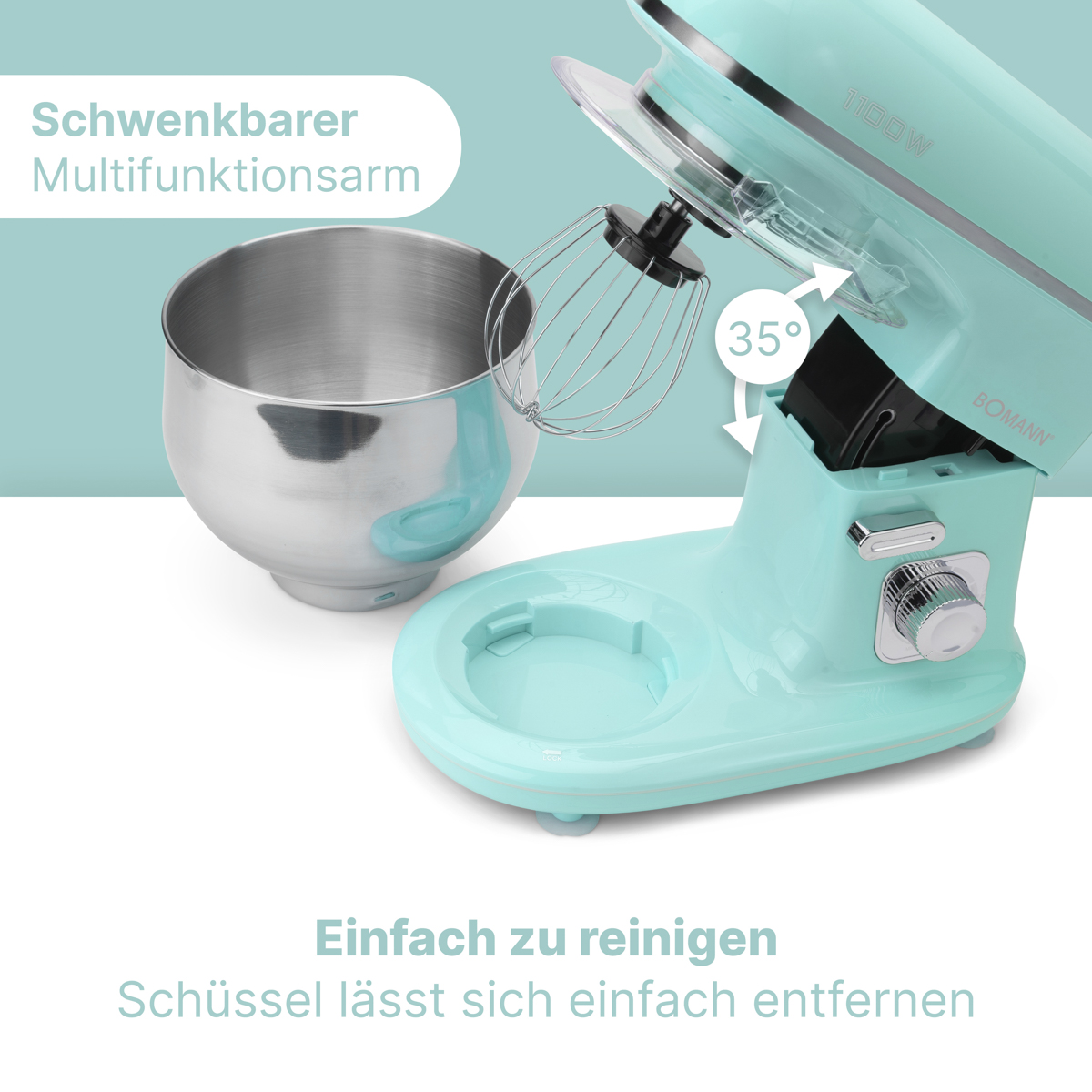 Miętowy mikser stojący ze srebrną misą, trzepaczką i wyświetlaczem tekstu i liczb.