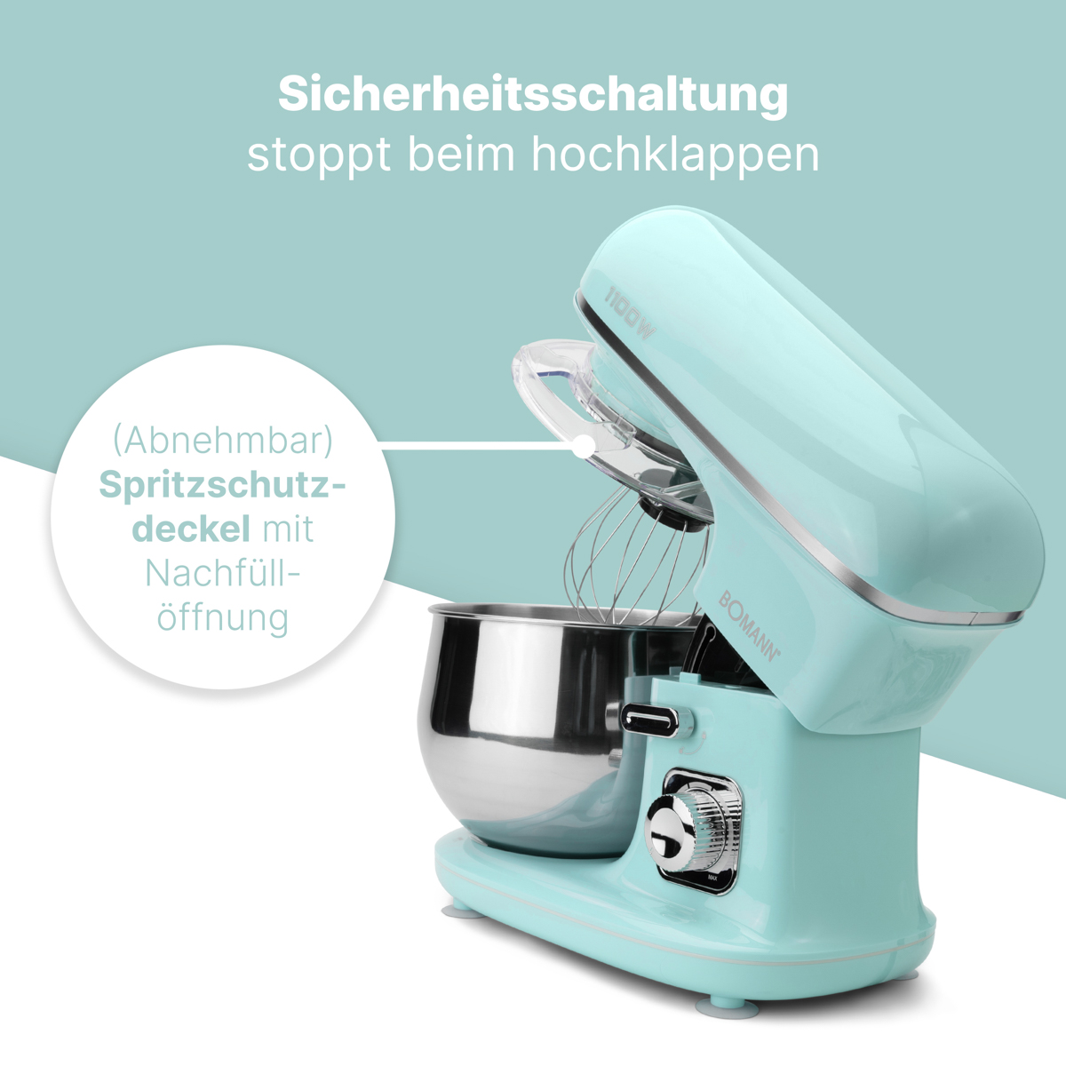 Miętowy mikser stojący, miska ze stali nierdzewnej, otwarty. Tekst wskazuje na funkcje bezpieczeństwa.