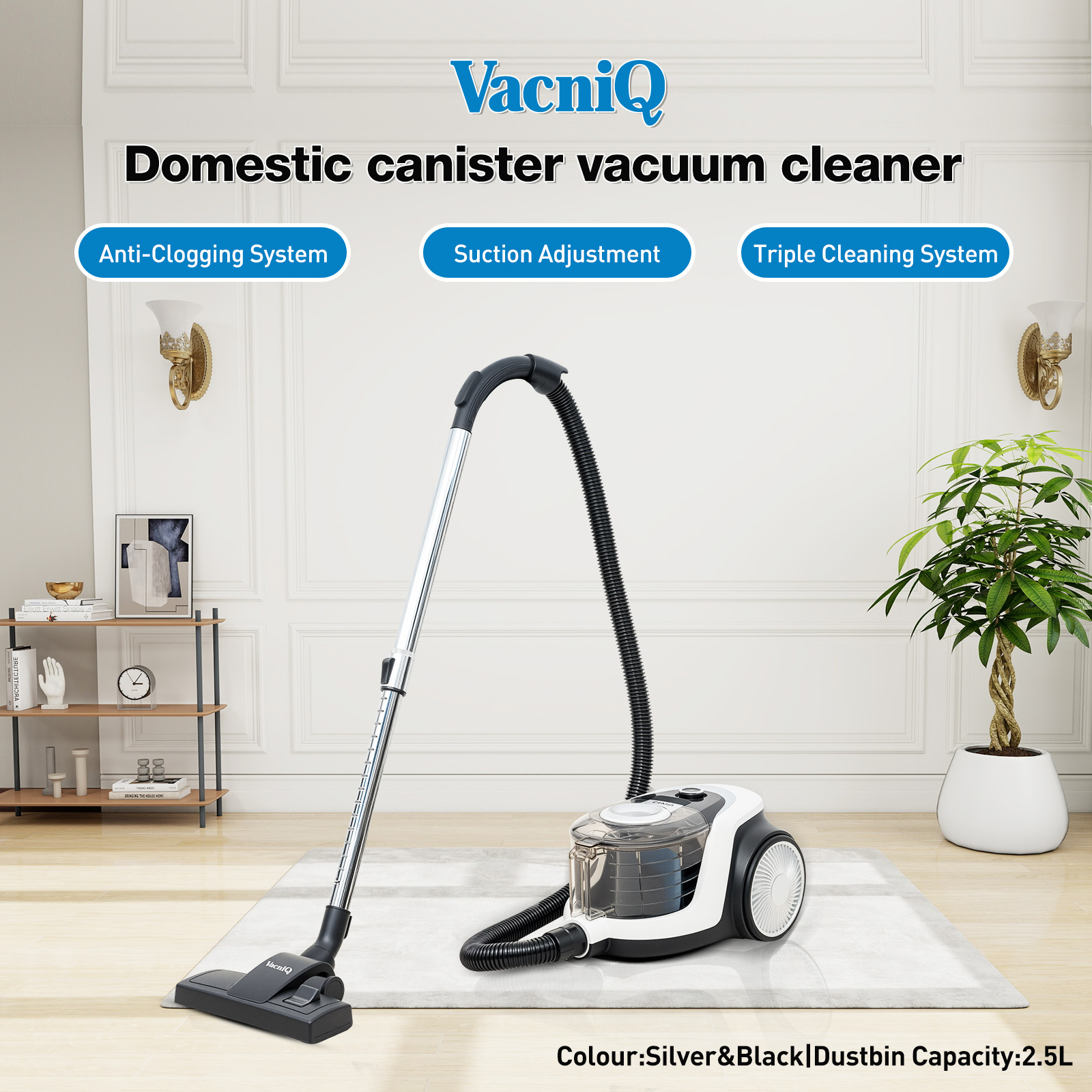 A VacniQ vacuum cleaner on a rug, with text about features and a domestic setting.