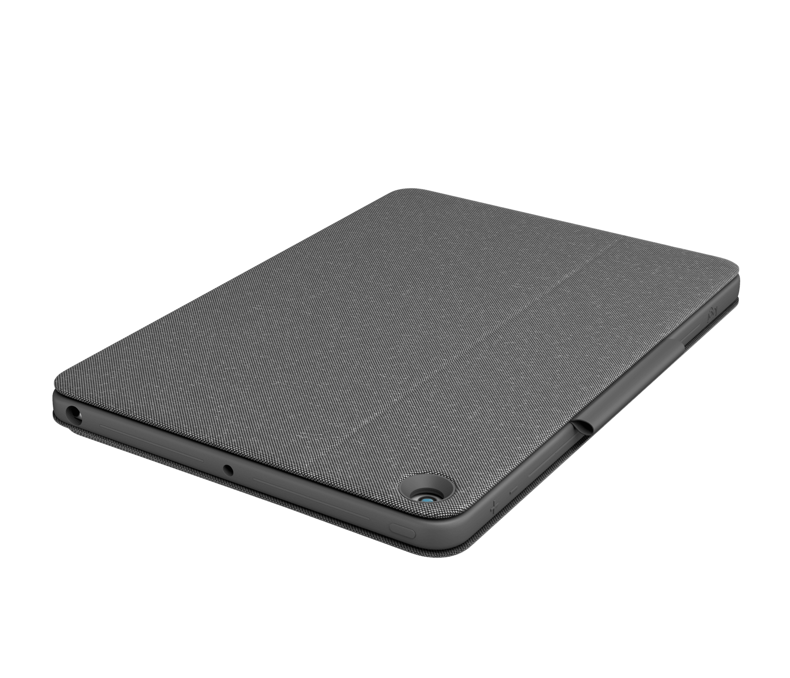 Custodia grigia per tablet parzialmente aperta, che mostra una copertura in tessuto strutturato e un tablet all'interno.