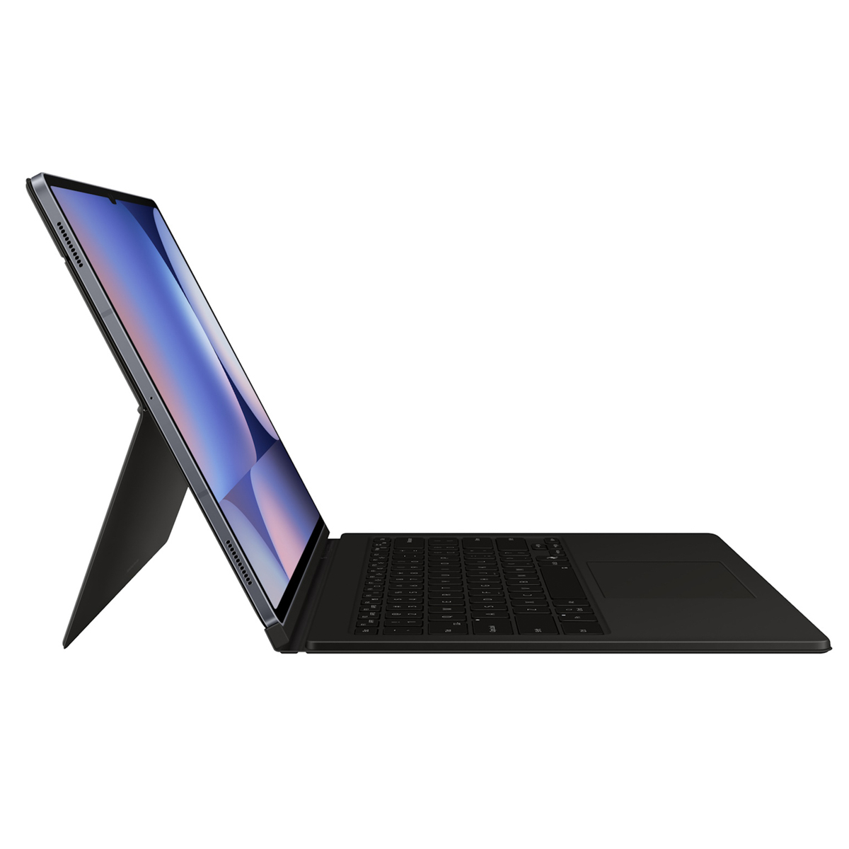 Un tablet nero con tastiera collegata. Lo schermo mostra un'immagine blu e bianca. La tastiera è nera.