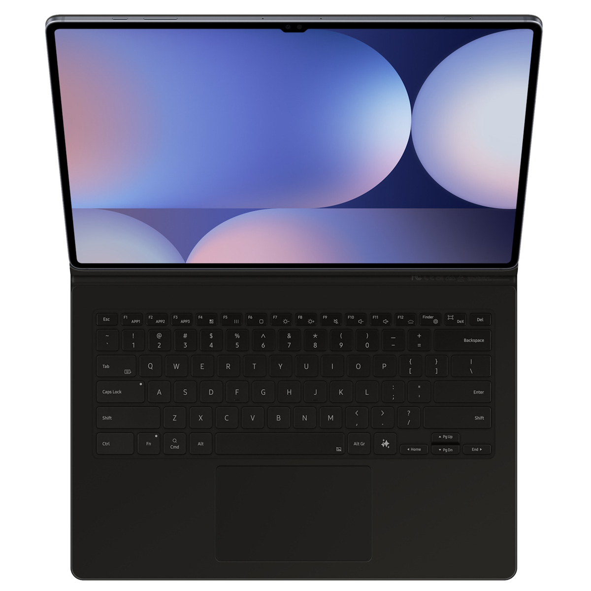 Laptop aperto con tastiera nera e schermo con immagine astratta blu e bianca.