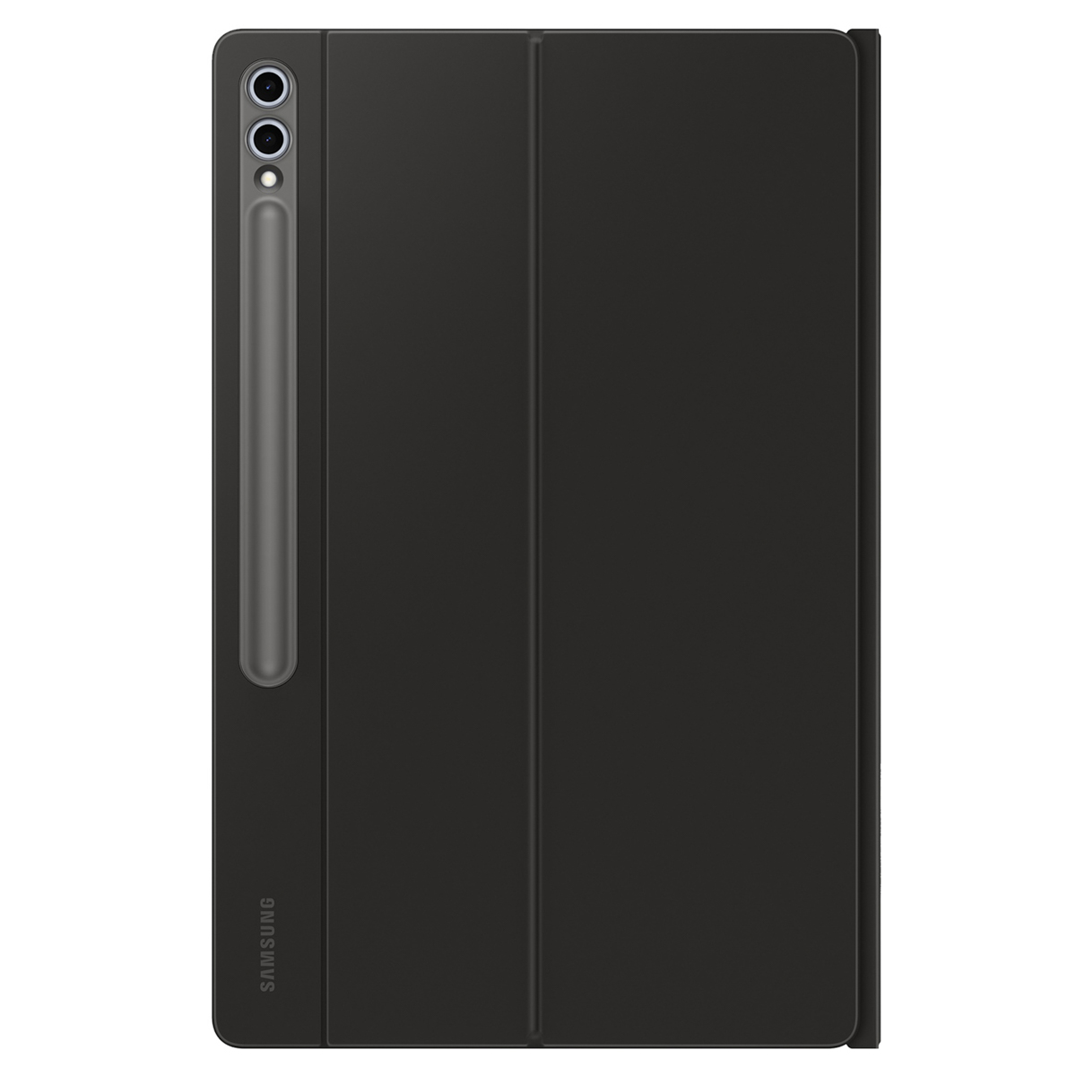Una cover nera per tablet Samsung con porta penna e logo Samsung in basso.