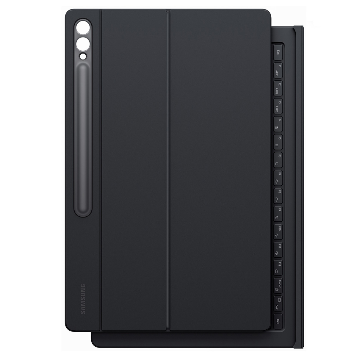 Tablet Samsung nero con cover tastiera. Alloggiamento stilo a sinistra. Tastiera con tasti funzione. Logo Samsung visibile.