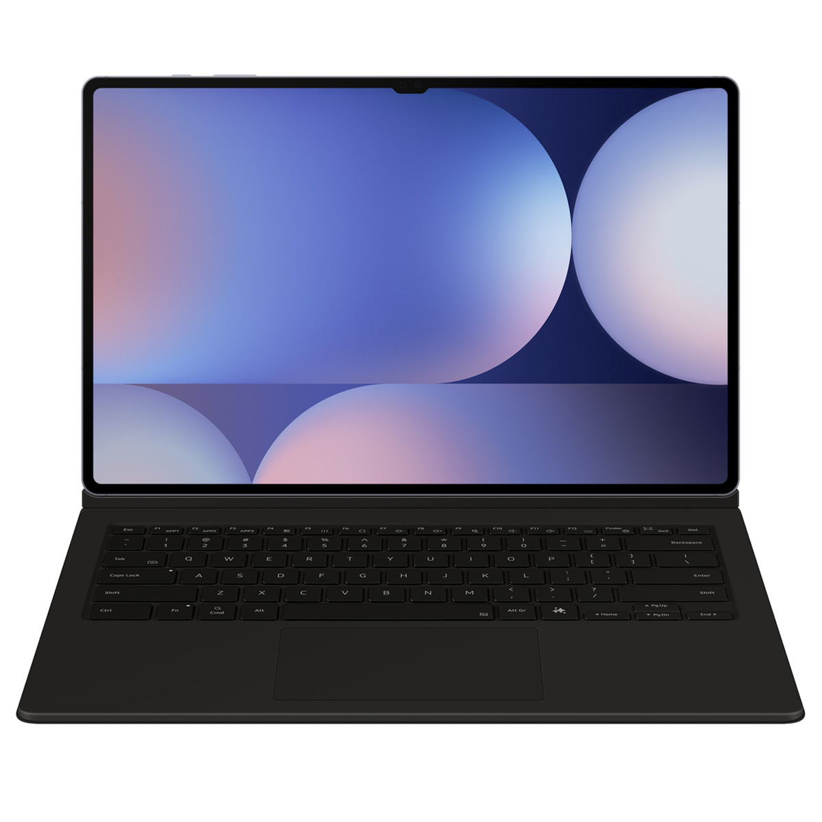 Un laptop nero con tastiera e schermo che mostra uno sfondo sfumato blu e bianco. Il laptop è aperto.