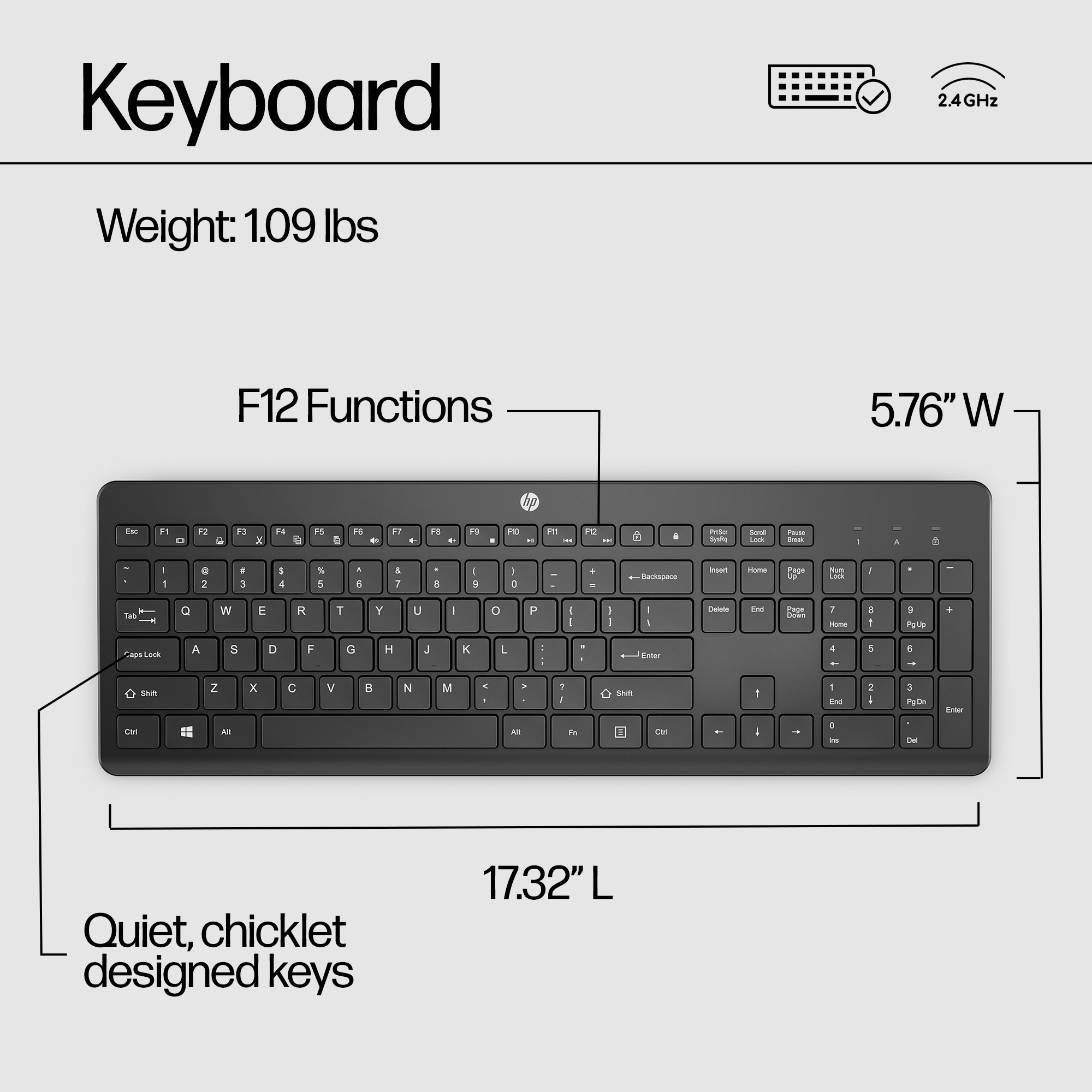 Schwarze Tastatur mit Maßangaben und Text: Leise, Chicklet-Tasten. Gewicht: 1,09 lbs. F12-Funktionen.