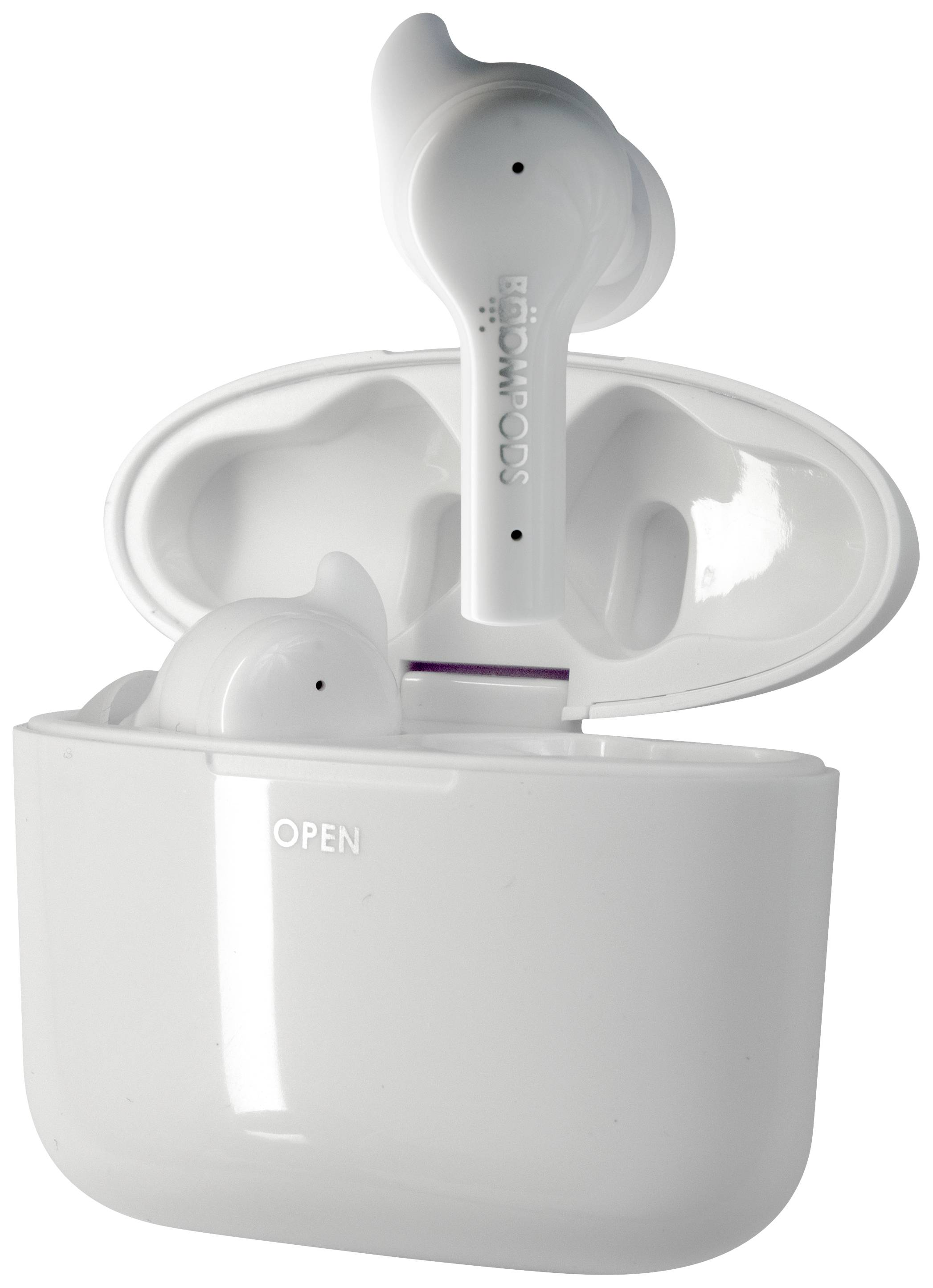 Auricolari wireless bianchi in una custodia di ricarica bianca, con il coperchio aperto.