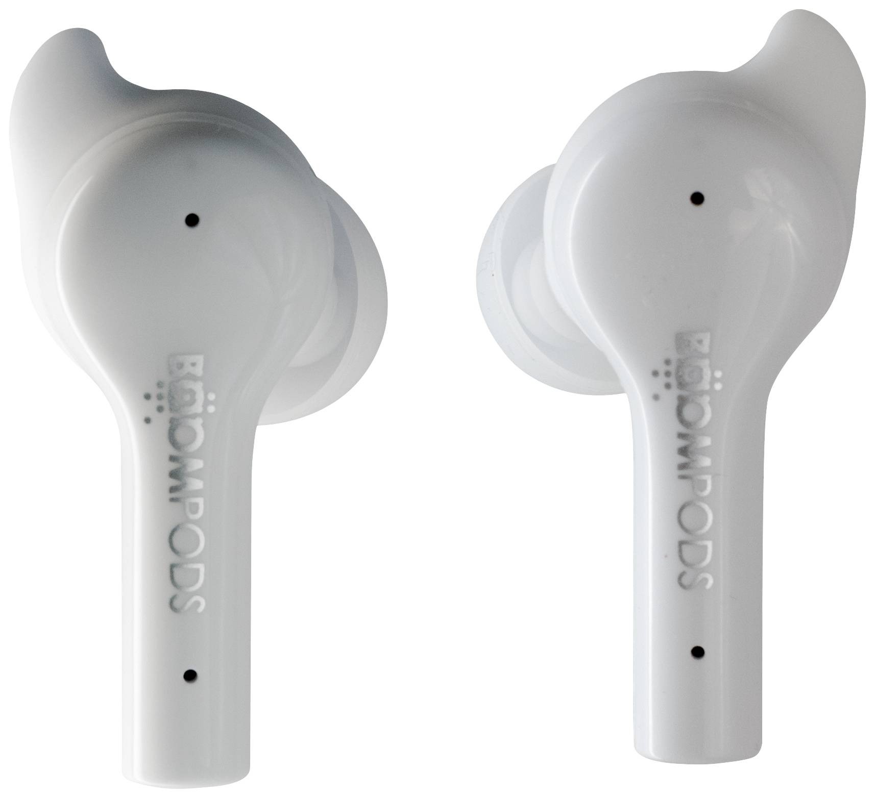 Due auricolari wireless bianchi, primo piano, su sfondo bianco.