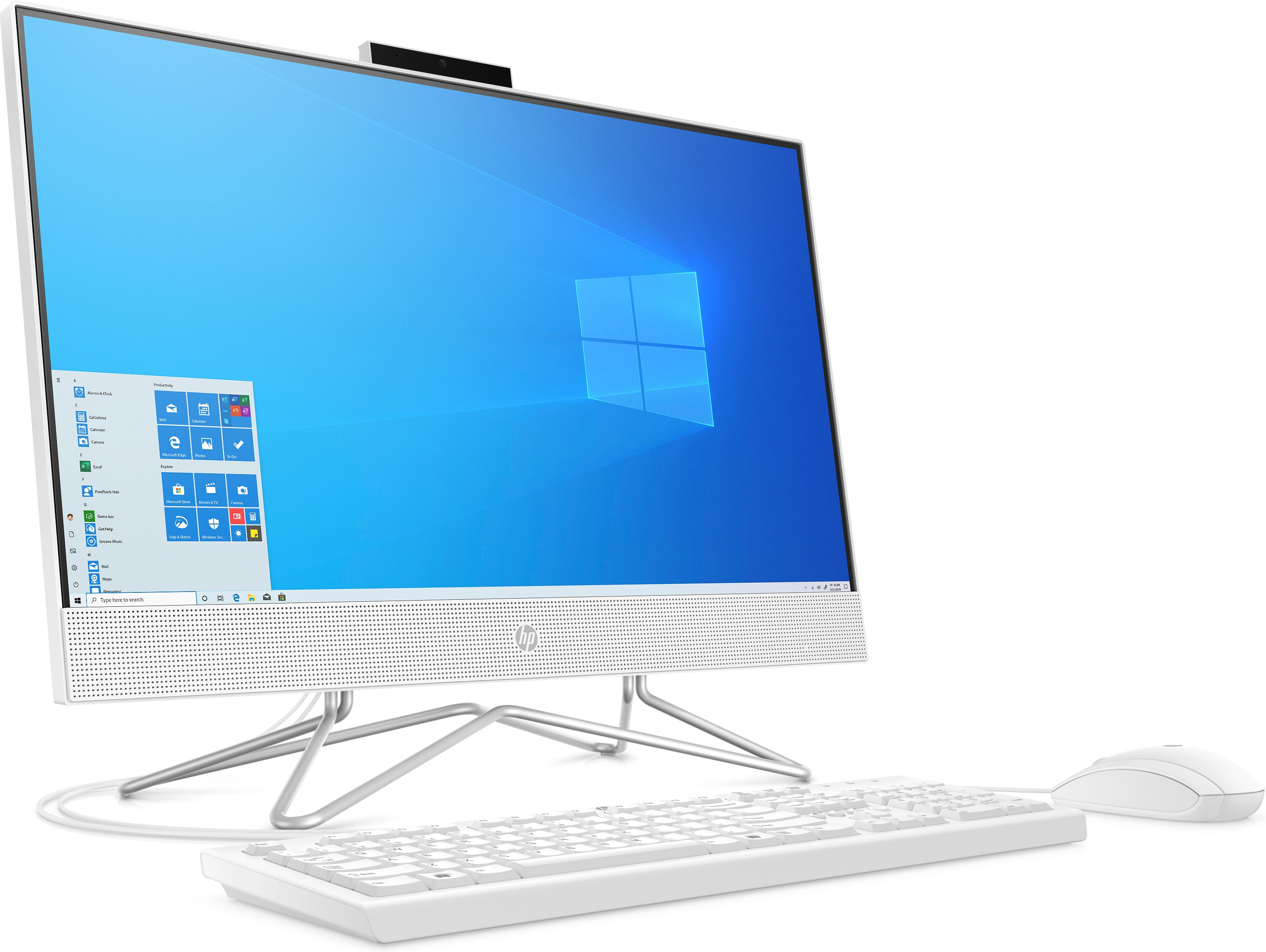 Weißer HP All-in-One-Computer mit Tastatur, Maus und Windows 11-Oberfläche.
