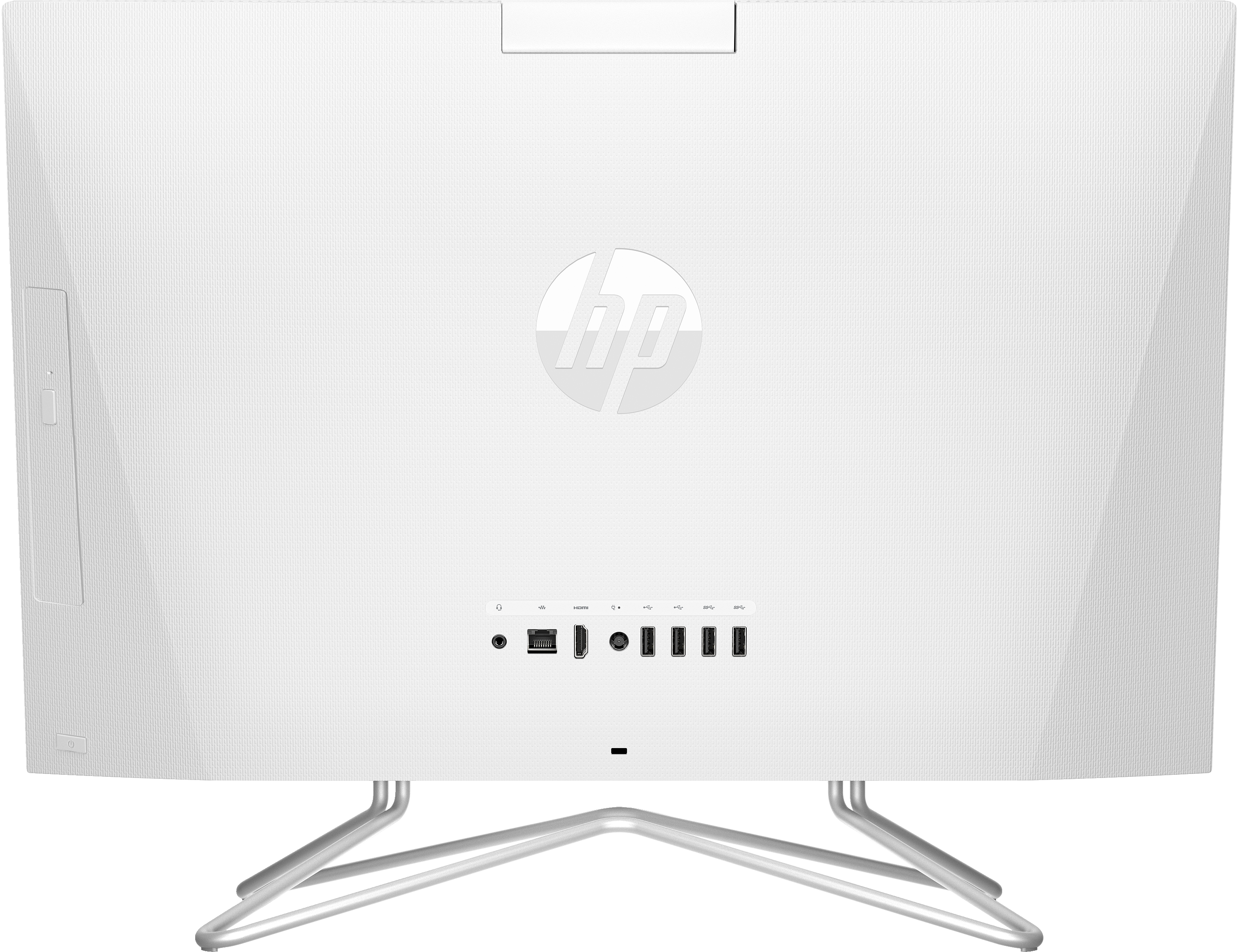 Ein weißer Computermonitor mit dem HP-Logo und verschiedenen Anschlüssen auf der Rückseite.