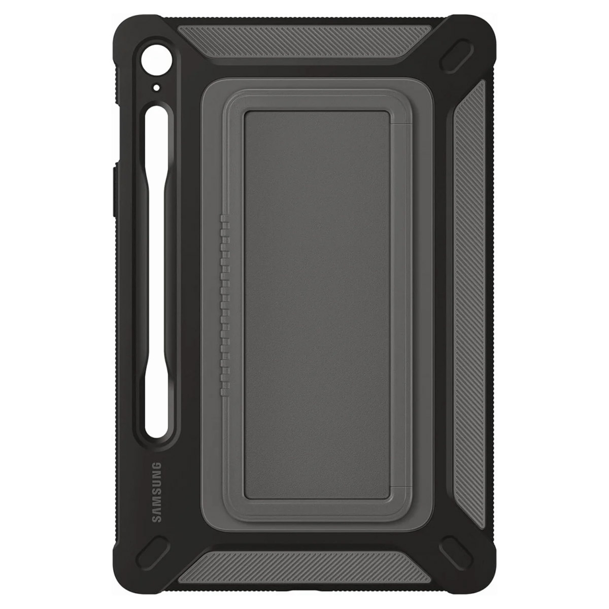 Una custodia nera per tablet con interno grigio e un portapenna sul lato sinistro.