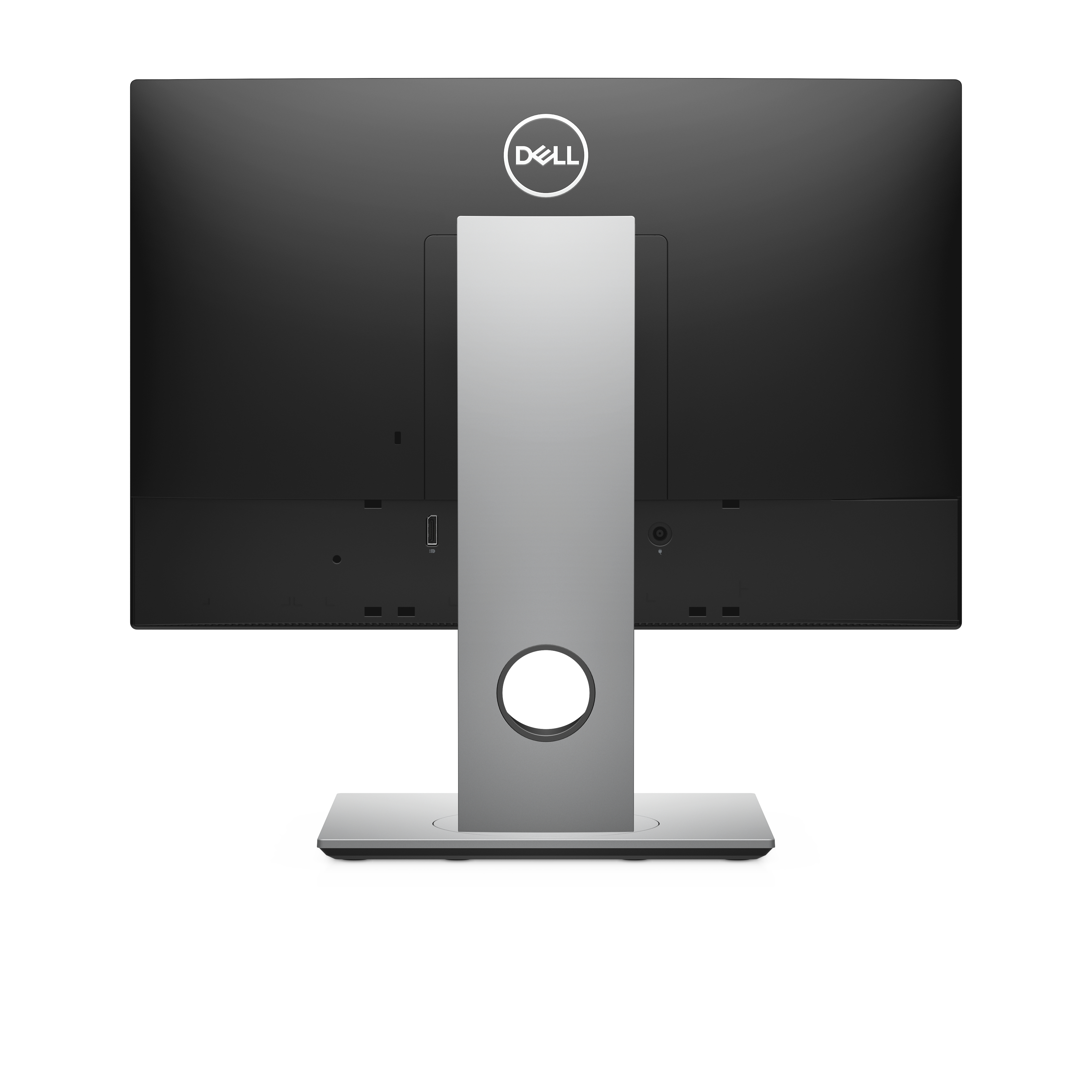 Back of a Dell monitor. Silver stand, with Dell logo, and various ports.