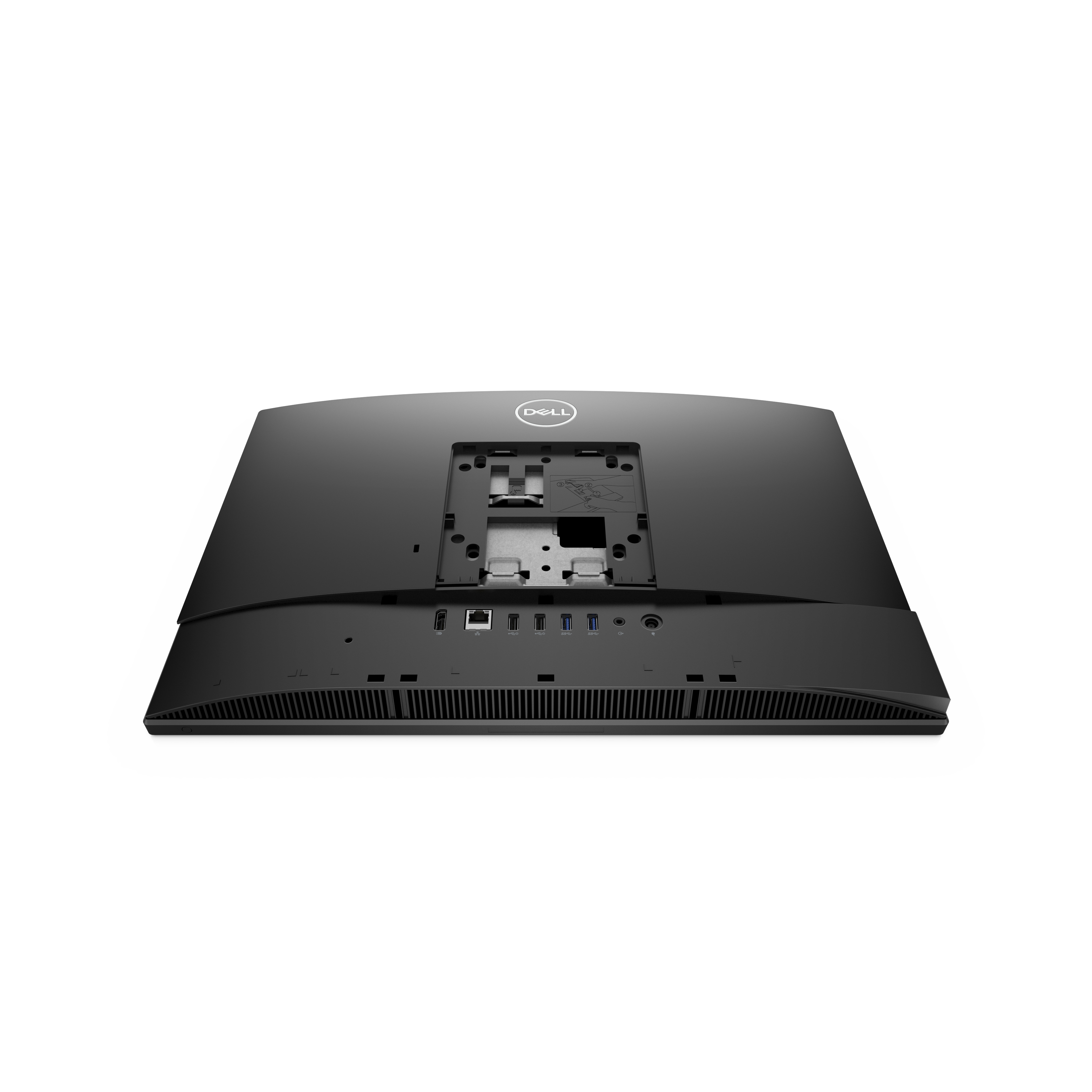 Back of a black Dell monitor, showing ports and mounting points.