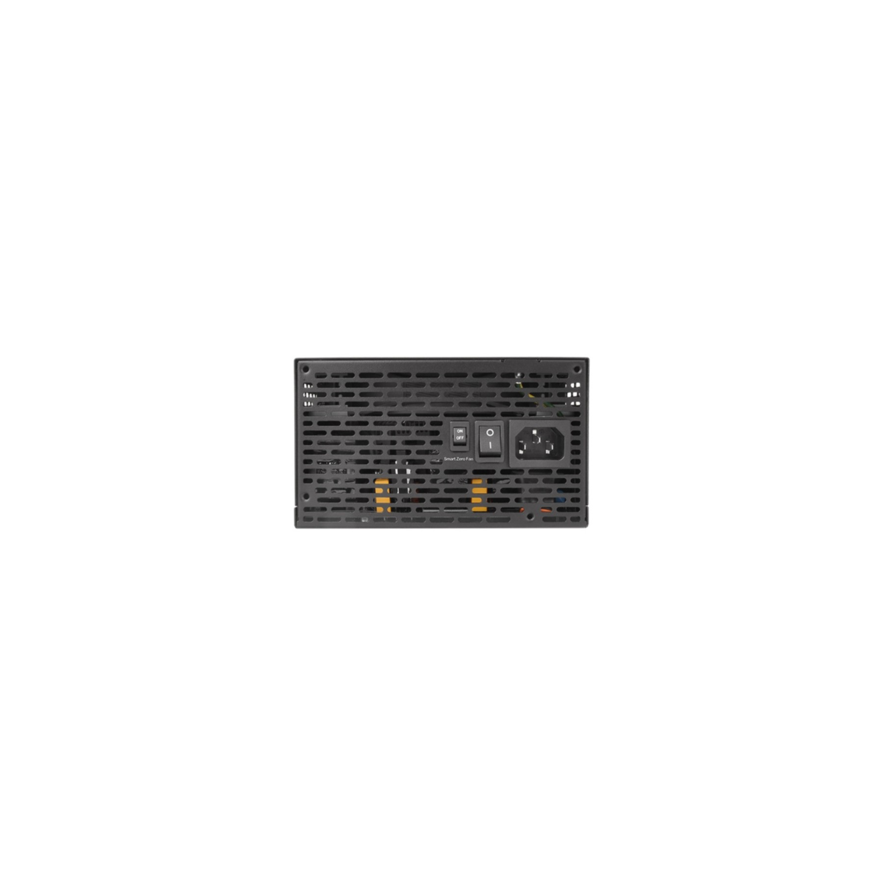 Widok z tyłu czarnego zasilacza komputerowego z otworami wentylacyjnymi, włącznikiem i portem wejściowym.