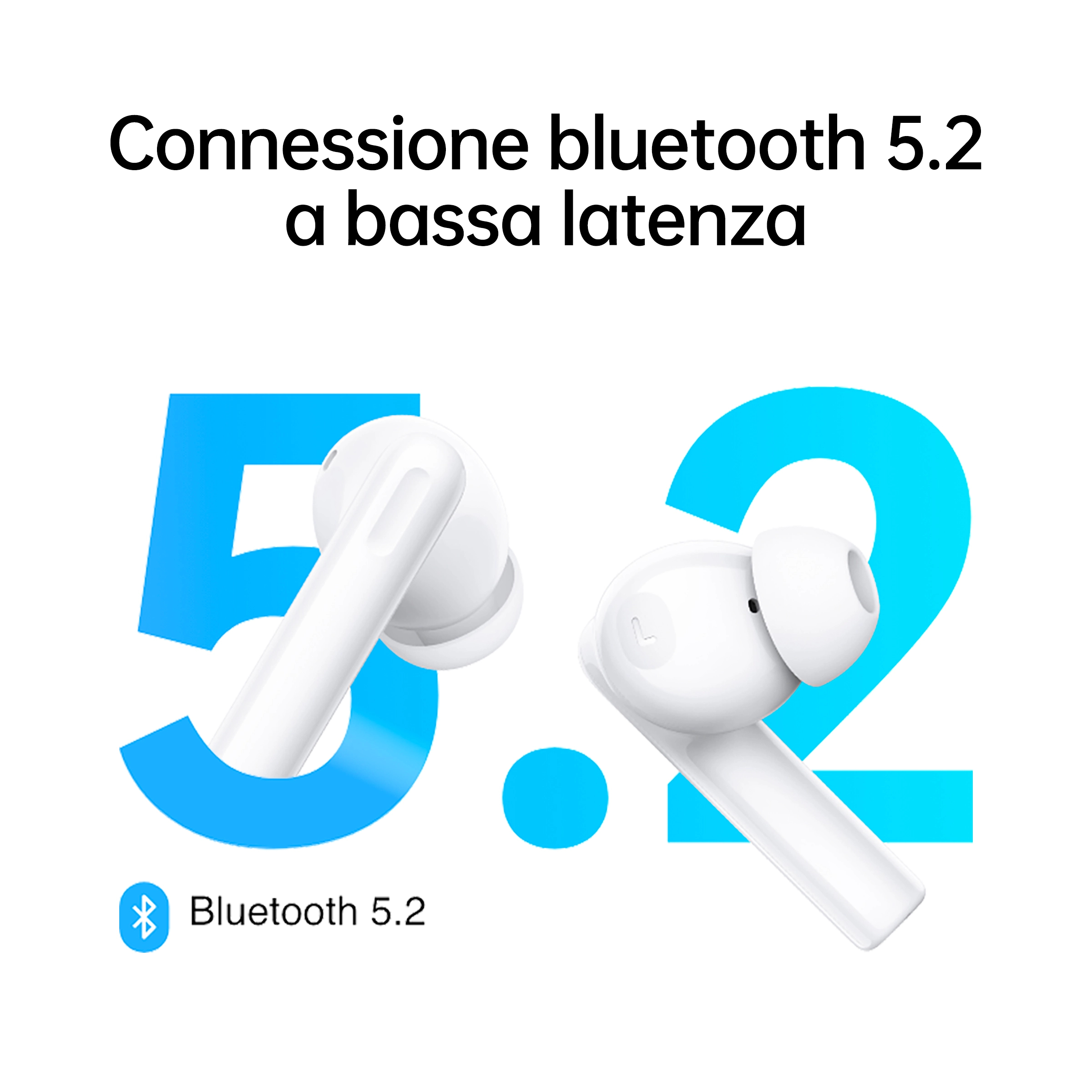 Due auricolari bianchi con il numero 5.2 in blu. Testo: Connessione bluetooth 5.2 a bassa latenza.