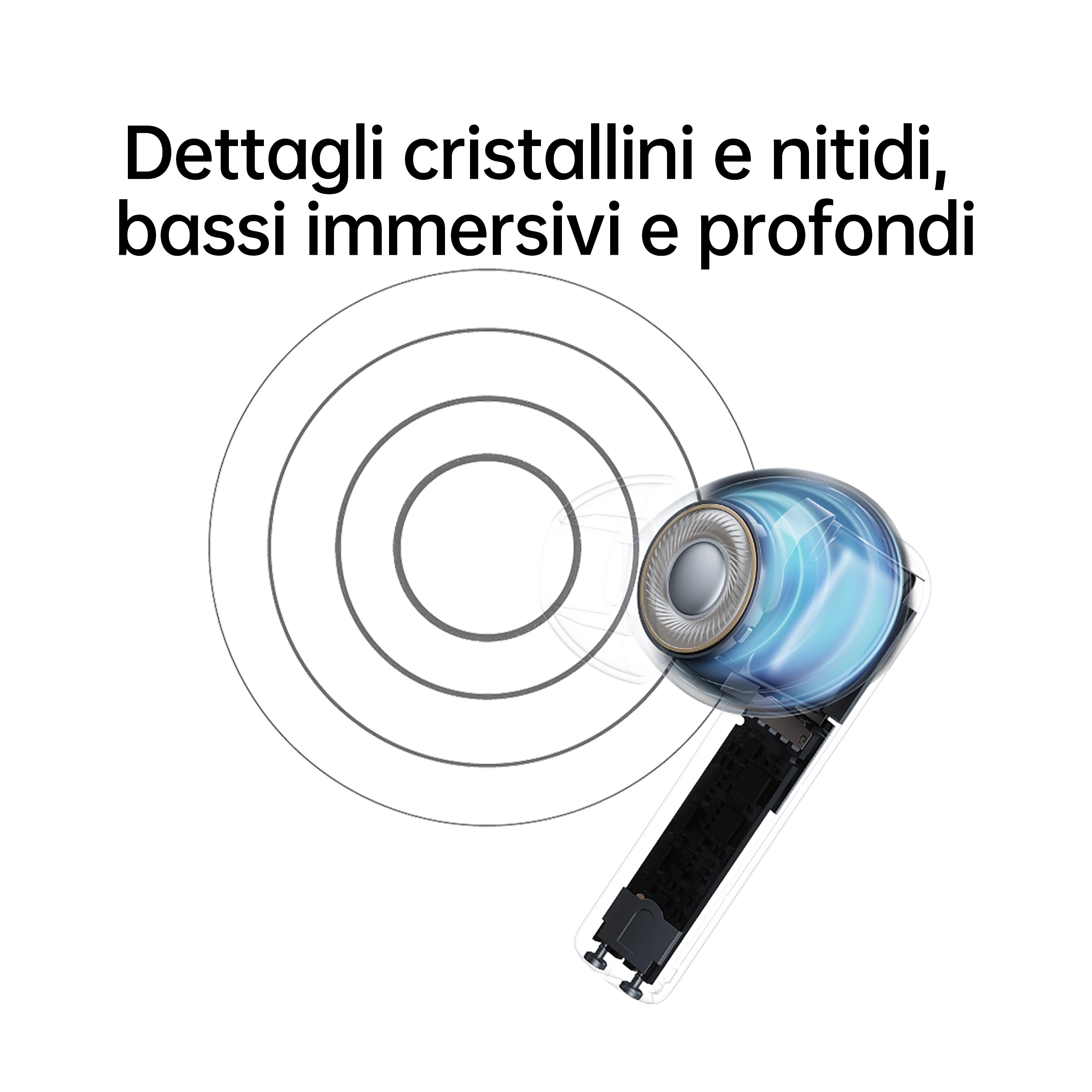 Un'immagine esplosa di un auricolare wireless con onde sonore che emanano dall'altoparlante.