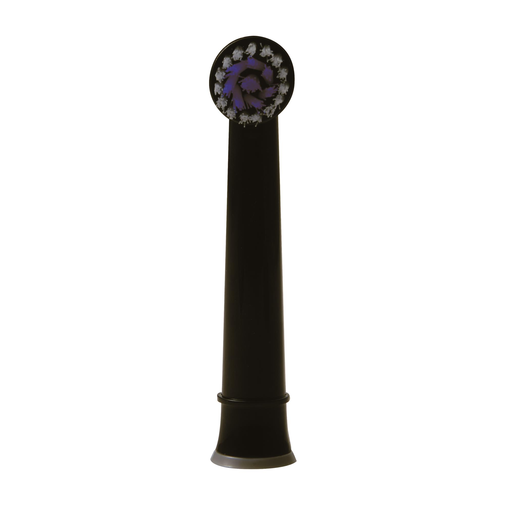 Un cabezal de cepillo de dientes negro con un cepillo redondo con cerdas blancas y moradas.