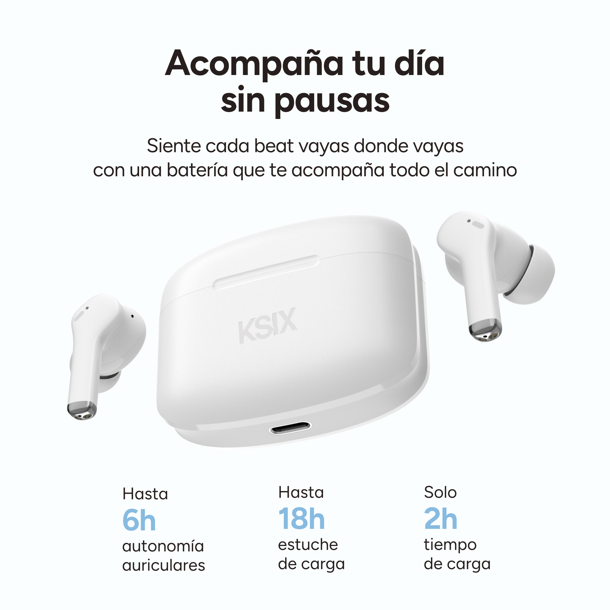 Auriculares KSIX blancos con estuche de carga y texto.