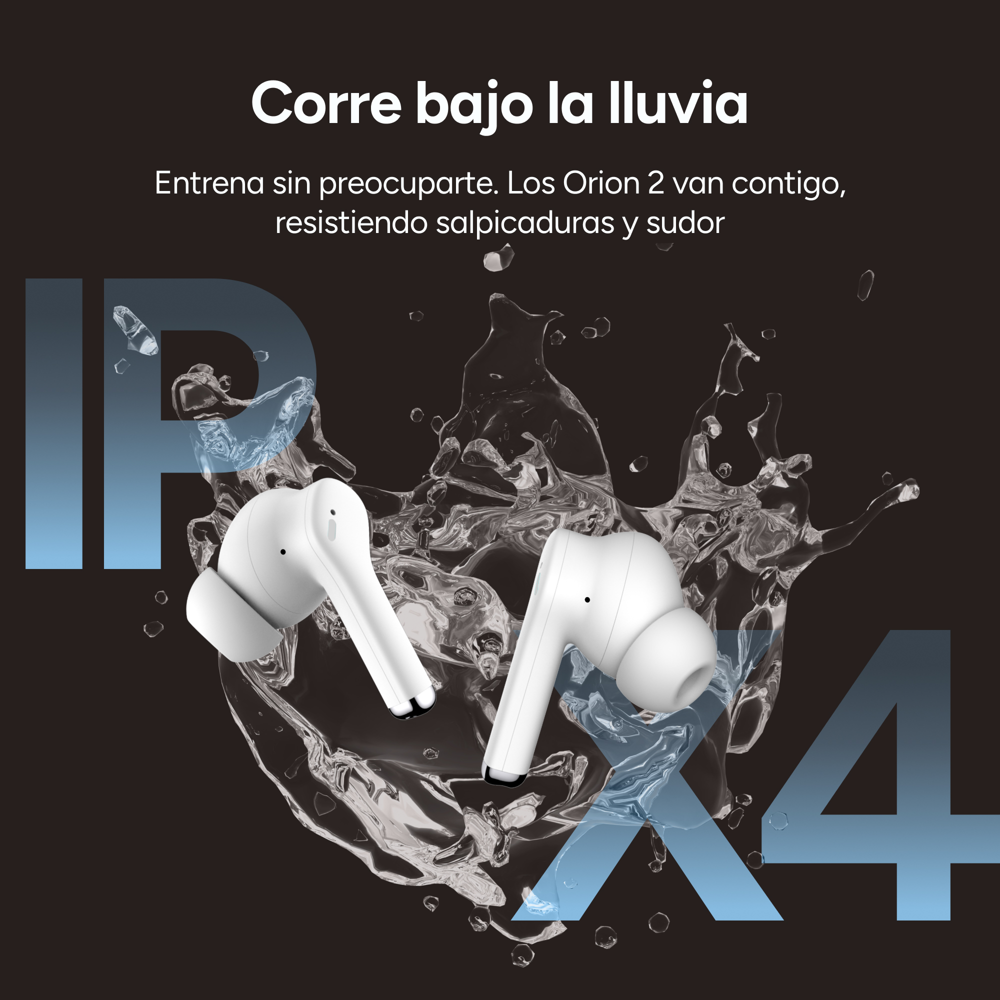 Auriculares blancos con texto que dice 'Corre bajo la lluvia' (corre bajo la lluvia).