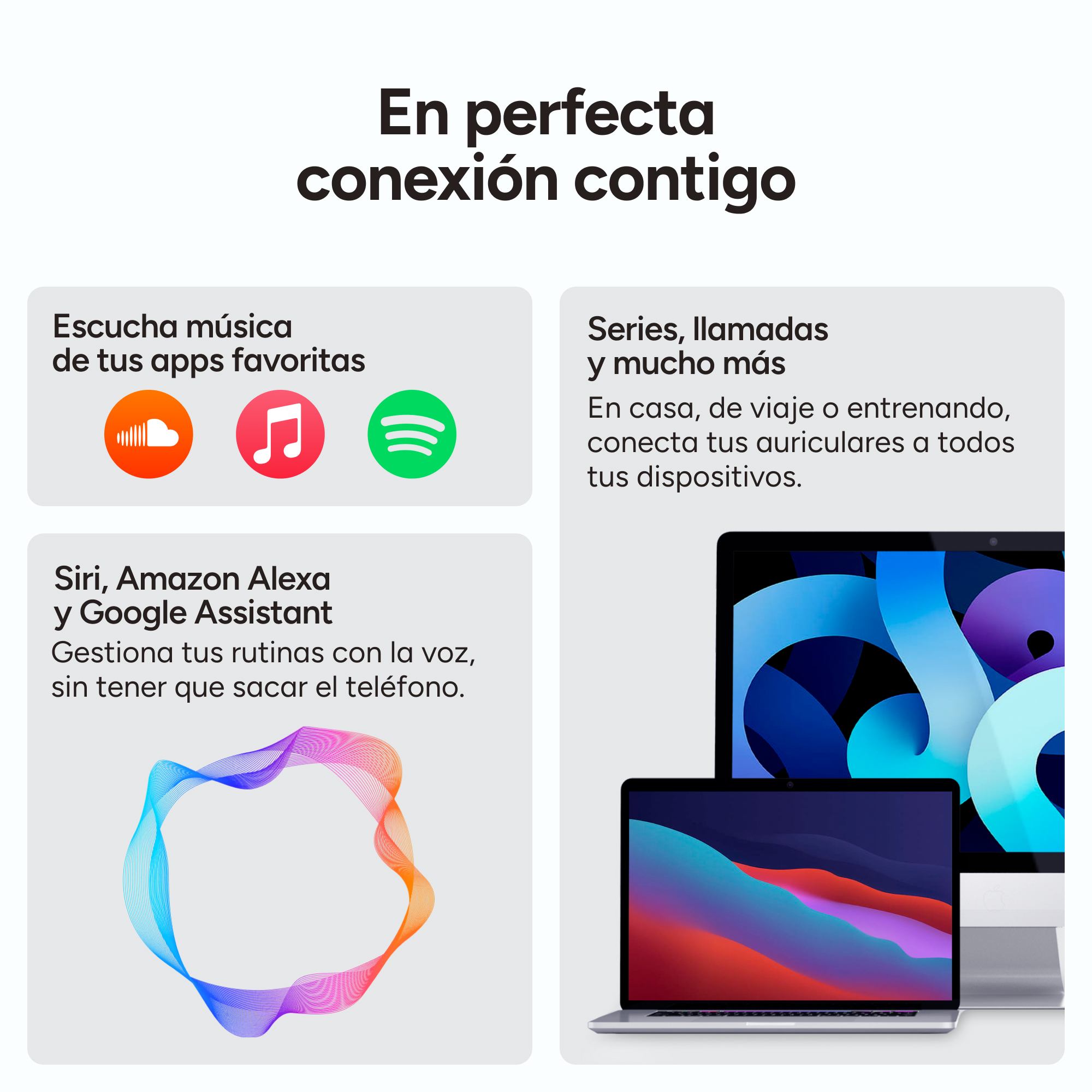 Anuncio de aplicaciones de música. Se muestran iconos de aplicaciones de música. Persona usando portátil y monitor.