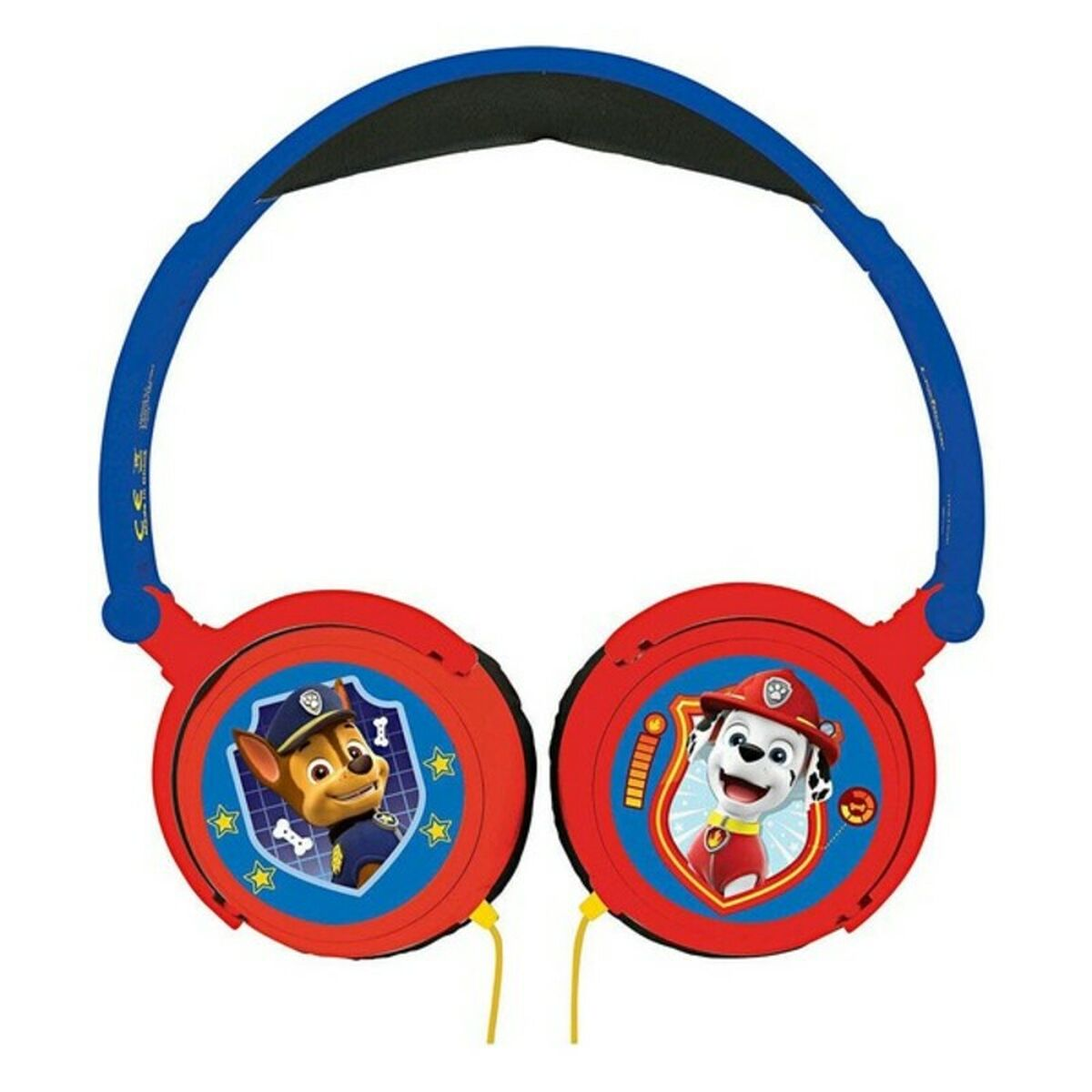 Auriculares Paw Patrol rojos y azules con imágenes de Chase y Marshall en los auriculares.