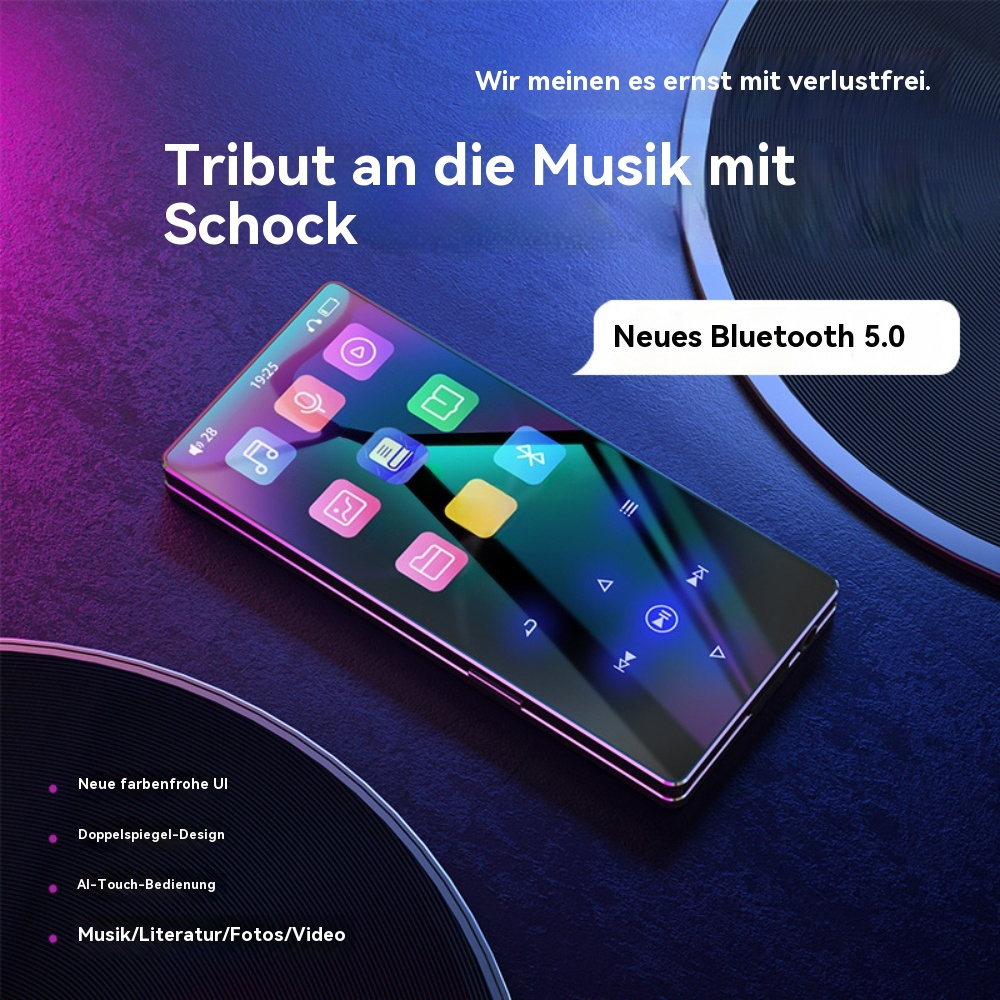 Schwarzer Musikplayer mit farbenfroher Oberfläche und dem Text: Tribut an die Musik.