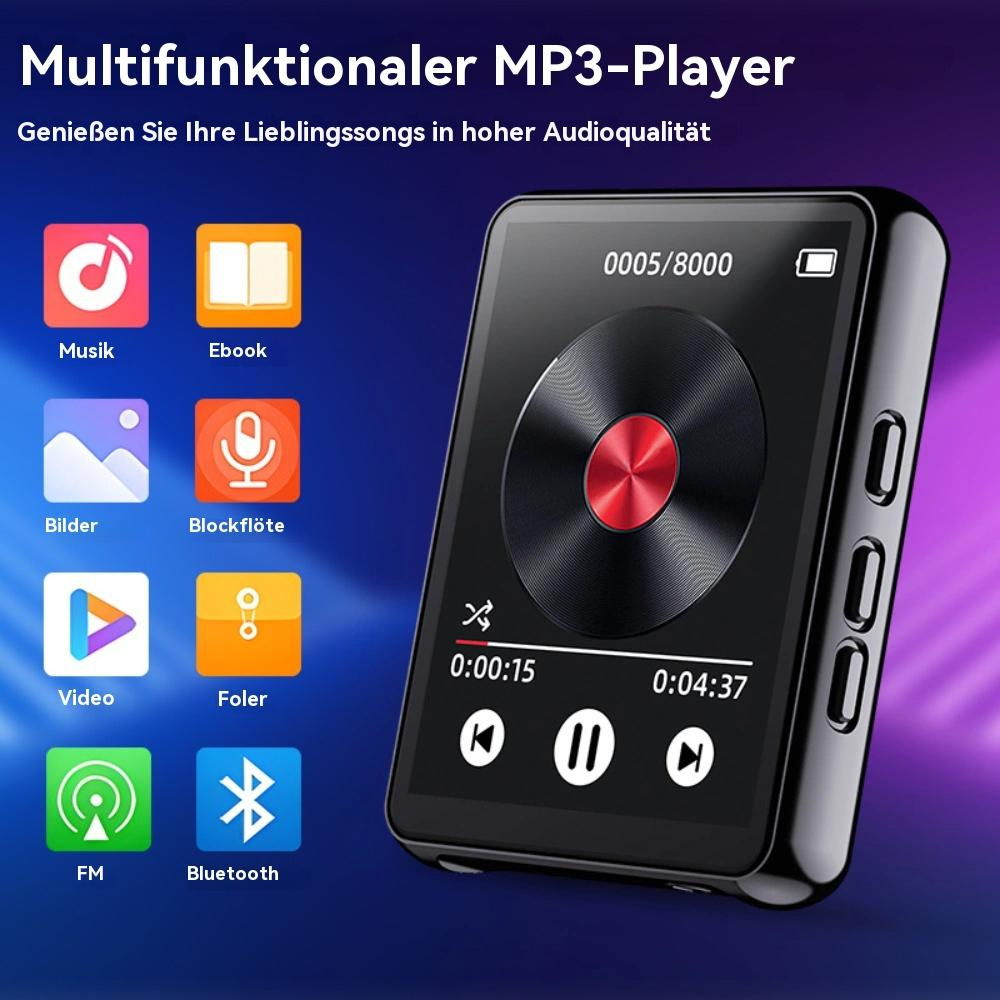Ein schwarzer MP3-Player mit einem Bildschirm, der Zeit und Bedienelemente anzeigt, umgeben von Symbolen verschiedener Funktionen.