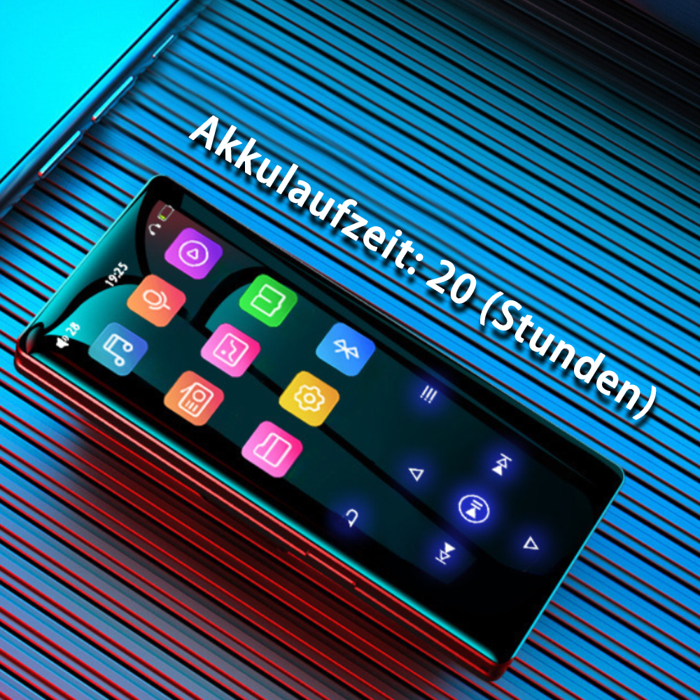 Smartphone mit App-Symbolen und Akkulaufzeit-Text auf blauem Streifenhintergrund.