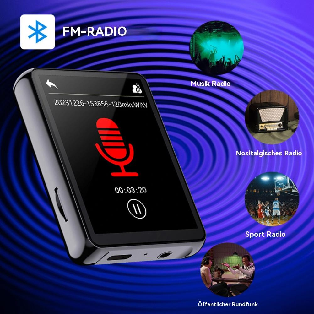 Schwarzer digitaler Musikplayer mit Bildschirm, der Informationen und Radiooptionen anzeigt.