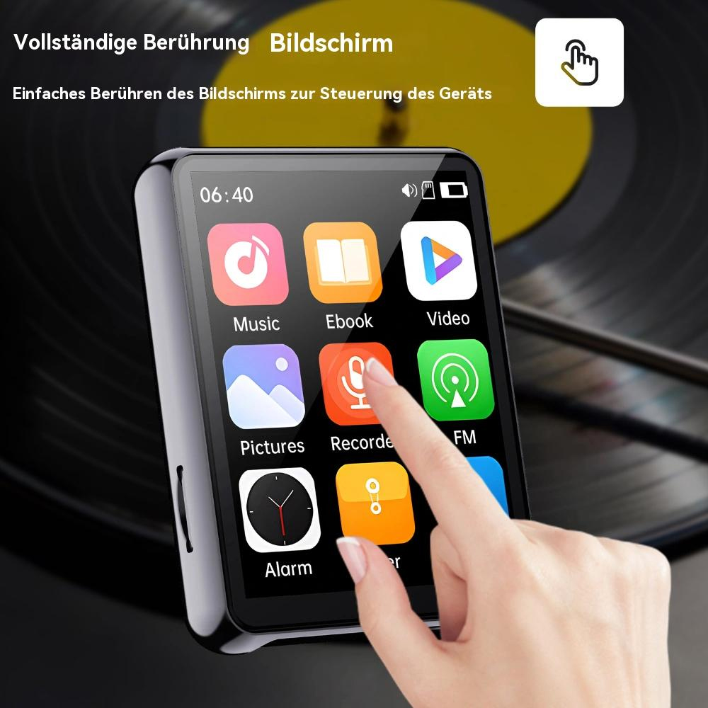 Eine Hand berührt einen Bildschirm mit App-Symbolen: Musik, E-Book, Video, Bilder, Recorder, FM, Alarm und mehr.