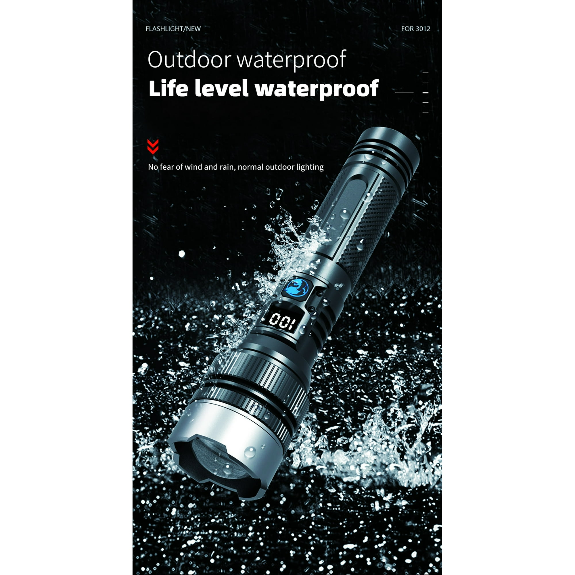 Eine schwarze und silberne Taschenlampe mit digitaler Anzeige und Wassertropfen. Der Text weist darauf hin, dass sie wasserdicht ist.