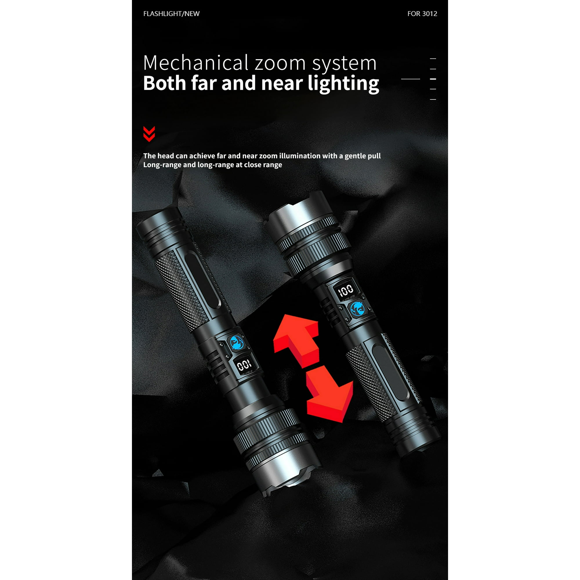 Zwei schwarze Taschenlampen mit roten Pfeilen. Mechanisches Zoomsystem. Text sagt: „Sowohl Fern- als auch Nahbeleuchtung“.