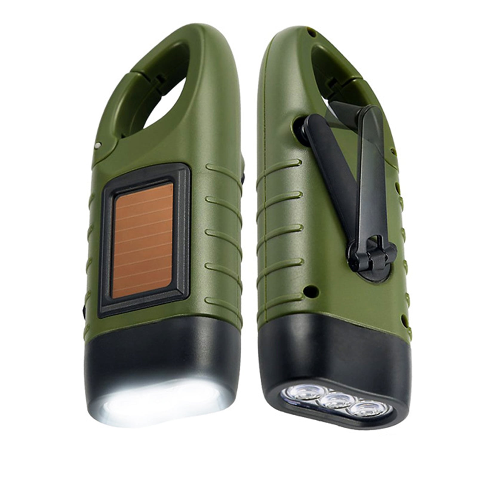 Zwei grüne Taschenlampen, eine mit Solarpanel, beide mit LED-Leuchten, auf weißem Hintergrund.
