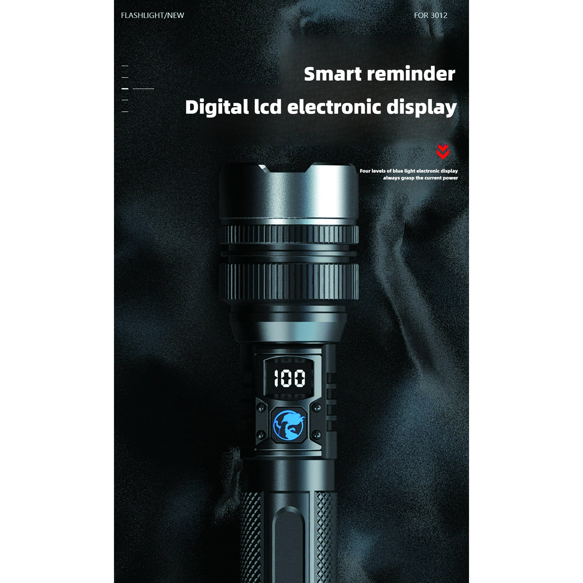 Eine schwarze Taschenlampe mit digitalem LCD-Display und Text, der an eine intelligente Erinnerung erinnert.