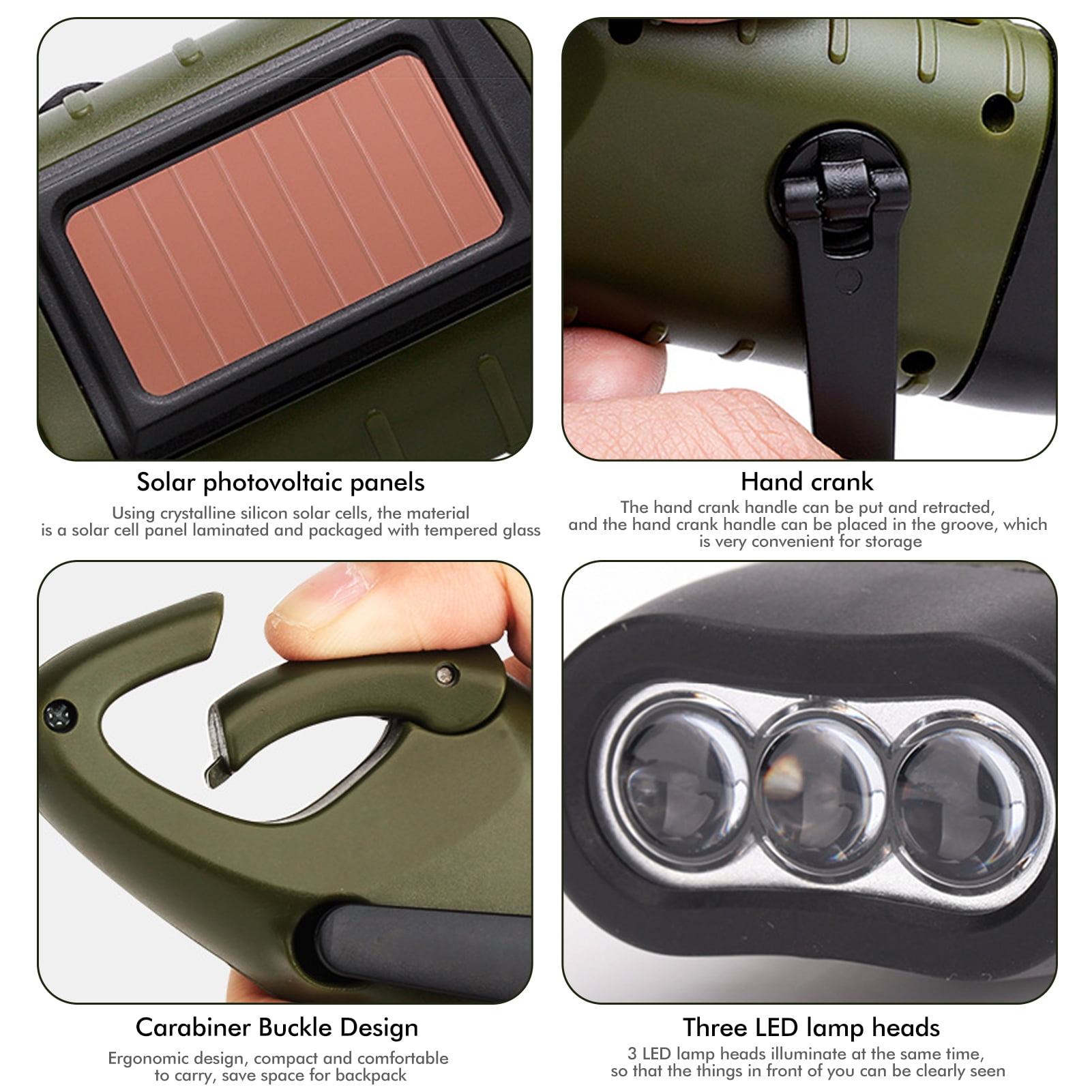Verschiedene Nahaufnahmen einer grünen Taschenlampe. Merkmale: Solarzellen, Handkurbel, Karabiner und LED-Lampenköpfe.