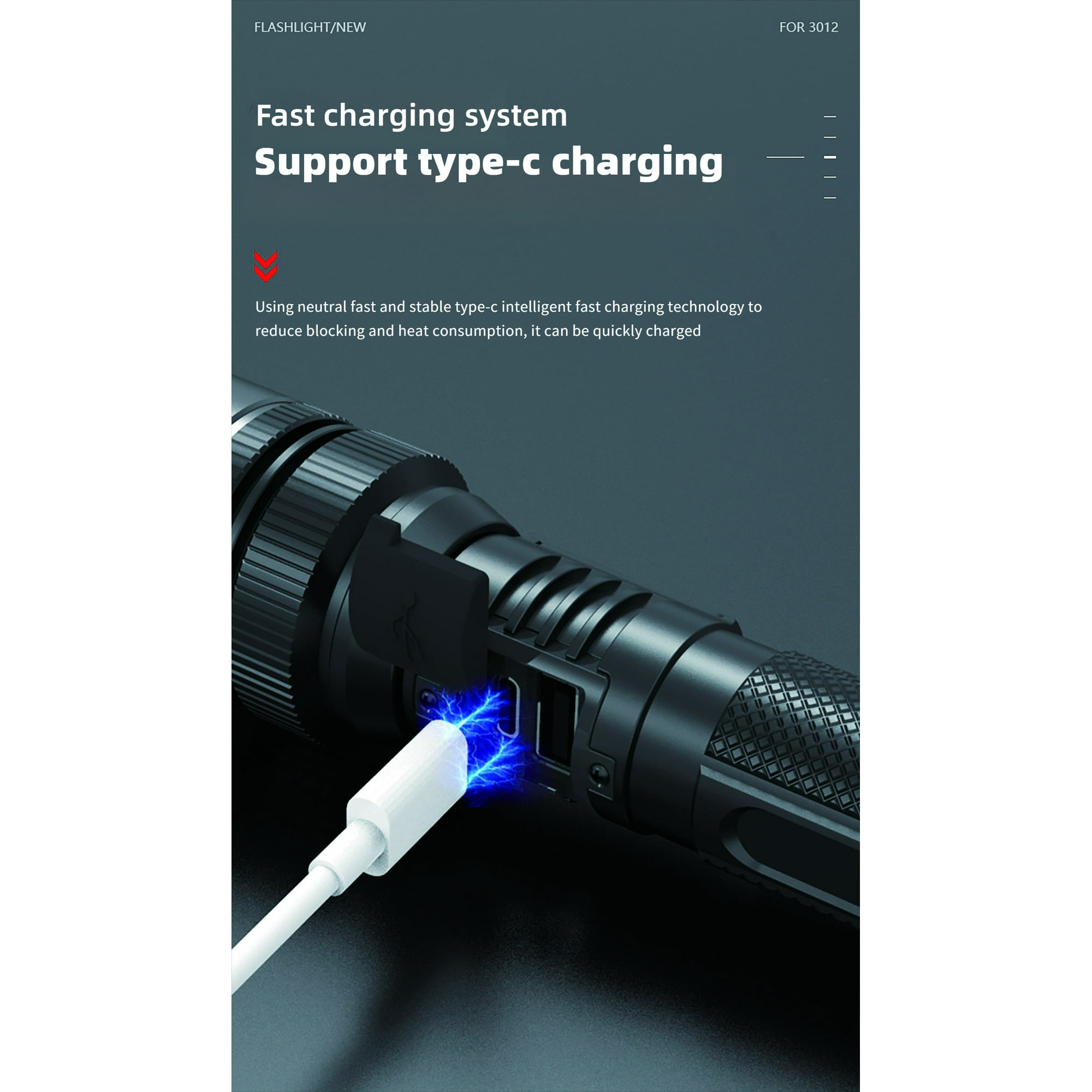 Taschenlampe wird mit weißem Kabel aufgeladen. Blaue Funken. Text: Schnellladesystem, unterstützt Typ-C-Laden.