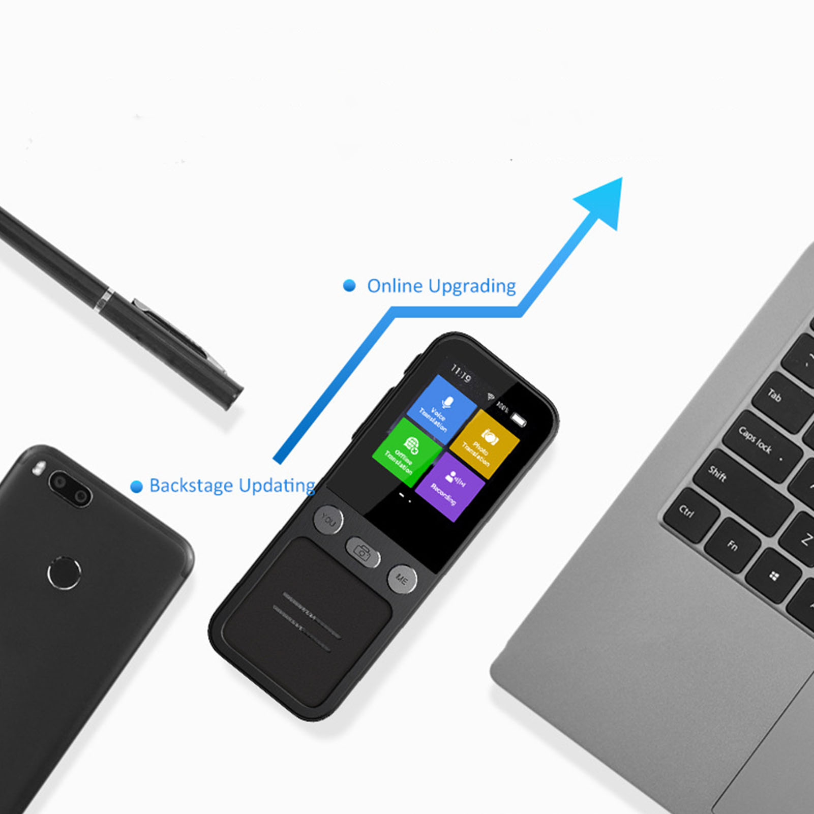 Ein Smartphone, ein Stift und ein Laptop neben einem schwarzen Übersetzungsgerät mit blauem Pfeil darüber.