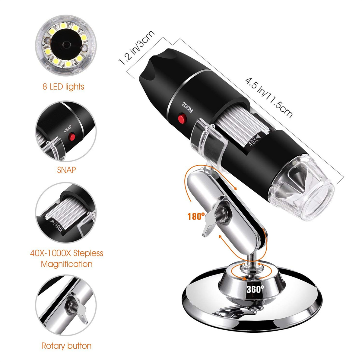 Schwarzes digitales Mikroskop mit LED-Leuchten, Zoom- und Vergrößerungsreglern. Es ist auf einem silbernen Ständer und Sockel montiert.