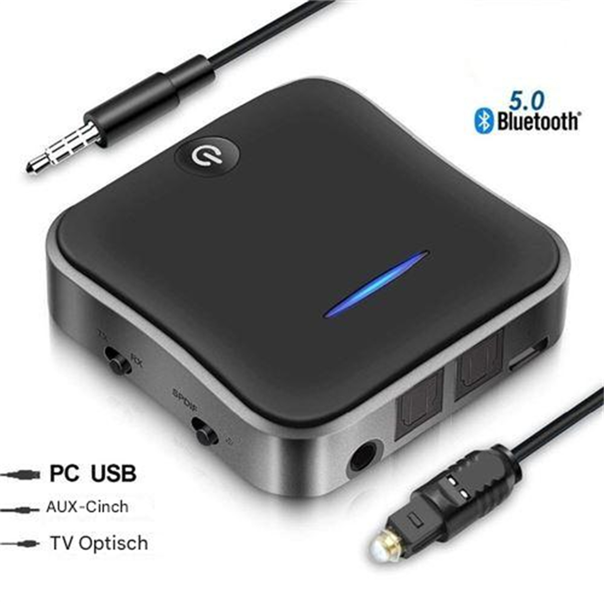 Schwarzer Bluetooth-Empfänger mit Kabeln und Anschlüssen.