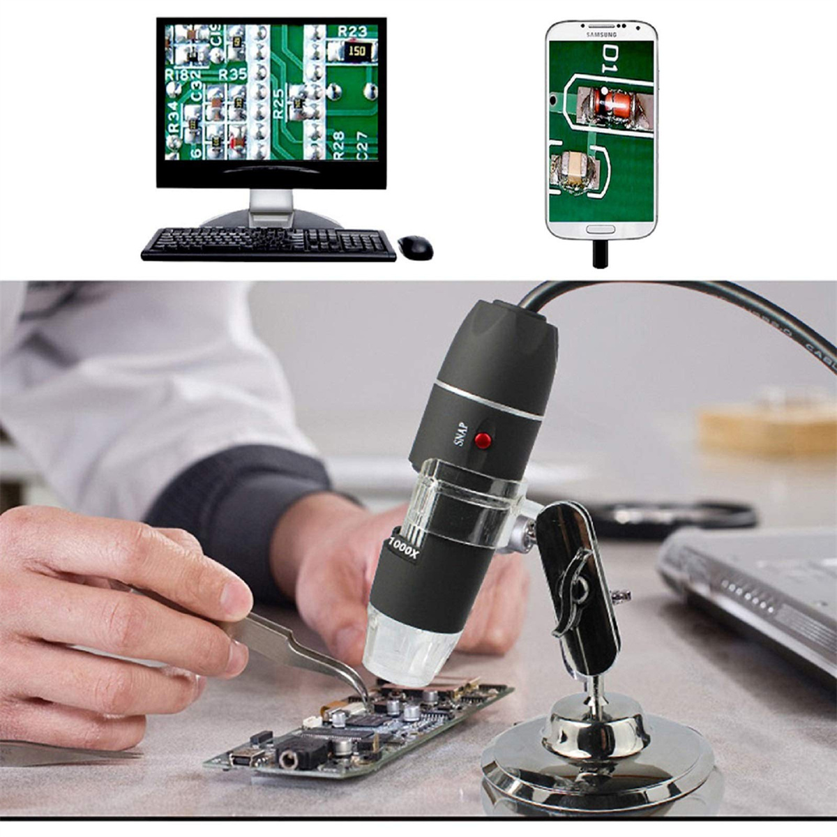 Eine Person benutzt ein Mikroskop, um eine Leiterplatte zu inspizieren. Ein Computer und Telefon sind sichtbar.
