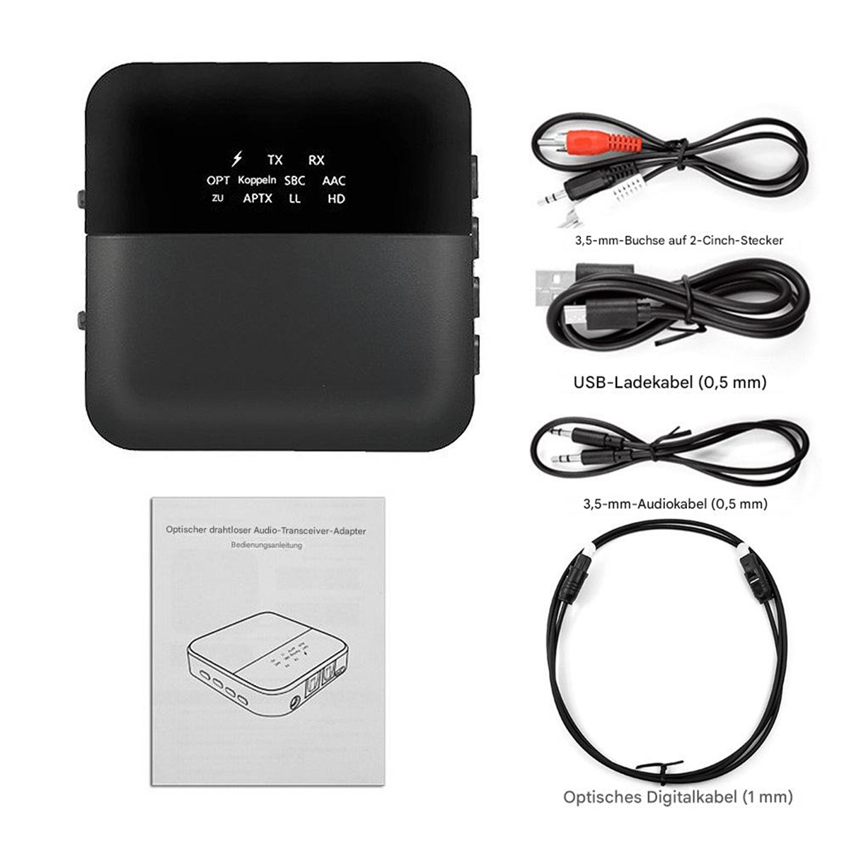 Schwarzer Audioadapter mit Kabeln und Handbuch. Kabel: Audio, USB und digital.