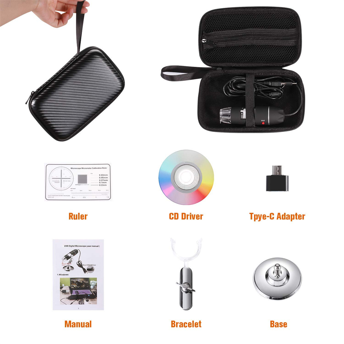 Ein Set mit schwarzem Etui, USB-Mikroskop, Lineal, CD, USB-Adapter, Armband und Basis.