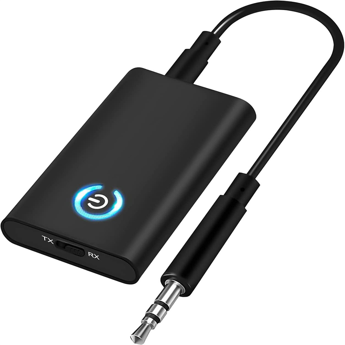 Schwarzer Audio-Empfänger mit Ein/Aus-Taste und 3,5-mm-Klinkenausgang.